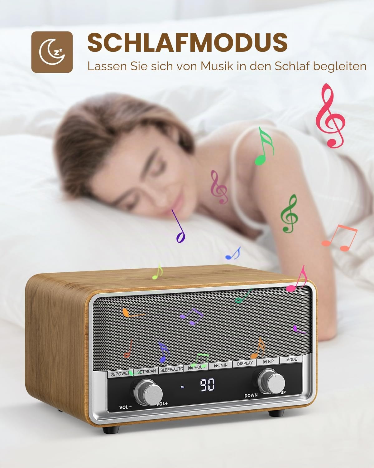 Retro AM UKW-Radio mit digitaler Wandstecker für Schlafzimmer mit LCD-Bildschirm, 40 Voreinstellungen, Schlaftimers, Retro-Bluetooth-Lautsprecher für Büro, gutes hölzernes Geschenk