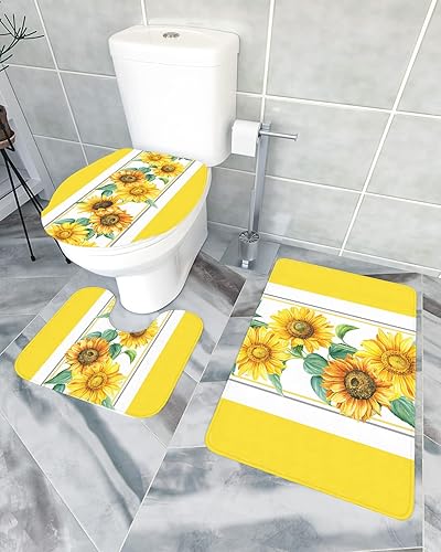 Miniatura 2 de Bathroom Rugs Sets 3 Piece Bath Mat,Yellow Sunflower Farm Flowers Soft Non-Slip Bath Rug Set,Absorbent Shower Rugs Toilet Seat Cover U-Shaped Toilet