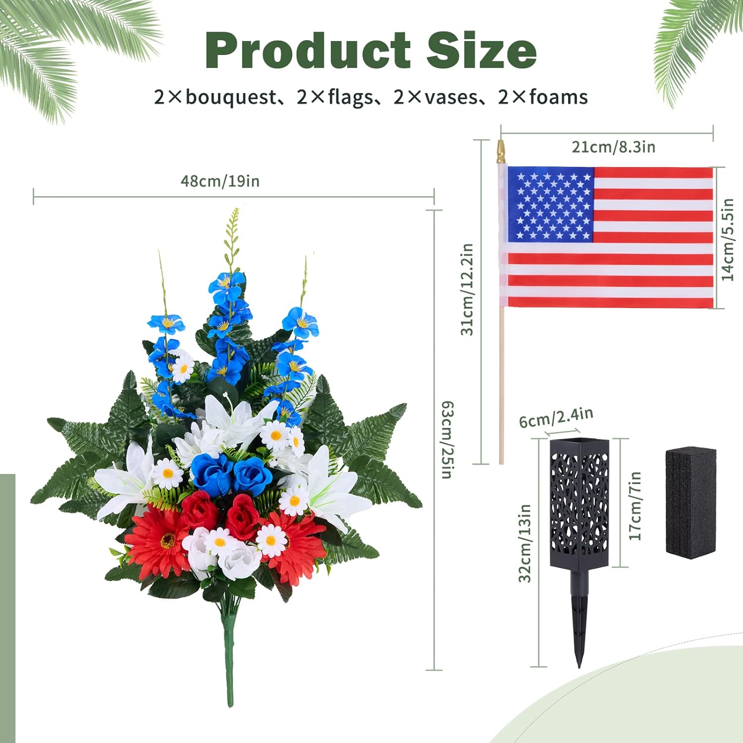 Memorial Day Flowers for Cemetery, 16-Head Flowers Upgraded Artificial Patriotic Cemetery Flowers for Grave, Grave Decorations for Cemetery, Red White Blue Roses with American Flags