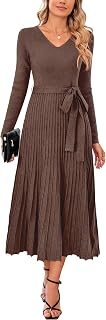 Arach&Cloz Women's Wool Blend V-Neck Tie Waist Pleated Sweater Dress - Long Sleeve Fall Winter 2025