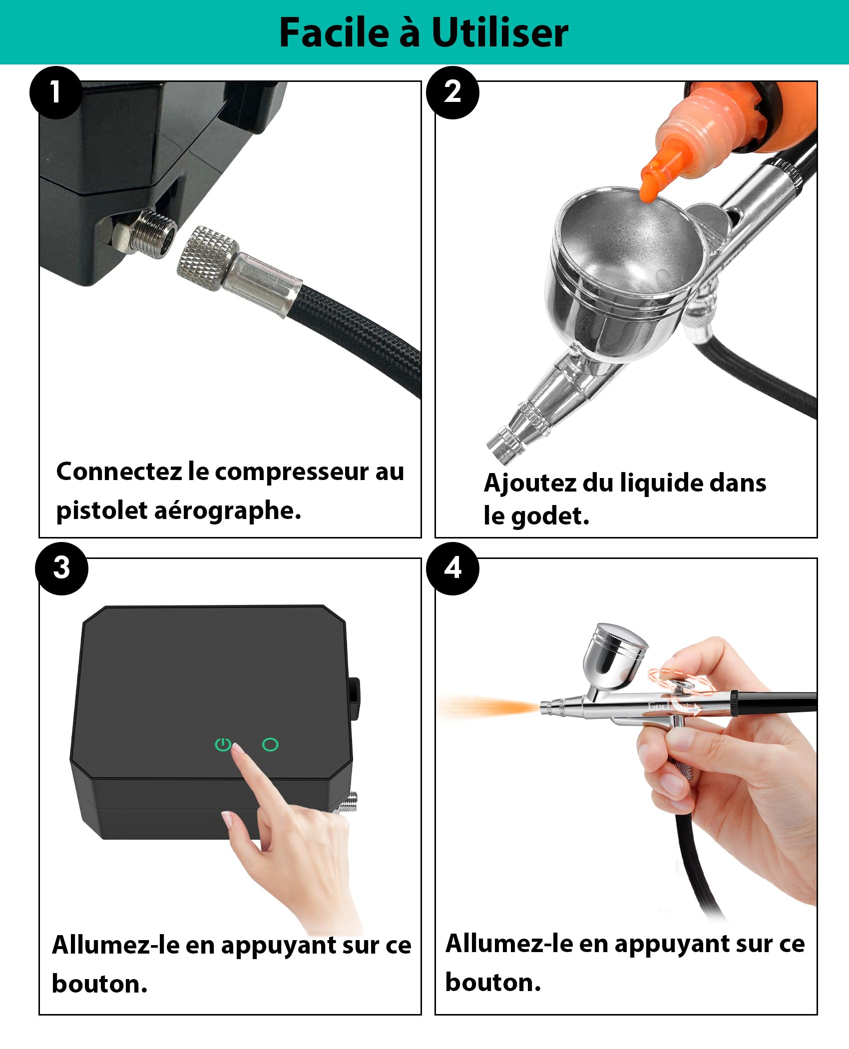 Upgrade Aerographe Kit Complet - 40 PSI Double Action, 3 Modes avec Buse de 0,2/0,3/0,5 mm, Portable avec 16 Accessoires, pour Loisirs Créatifs, Nail Art, Tatouages, Noir
