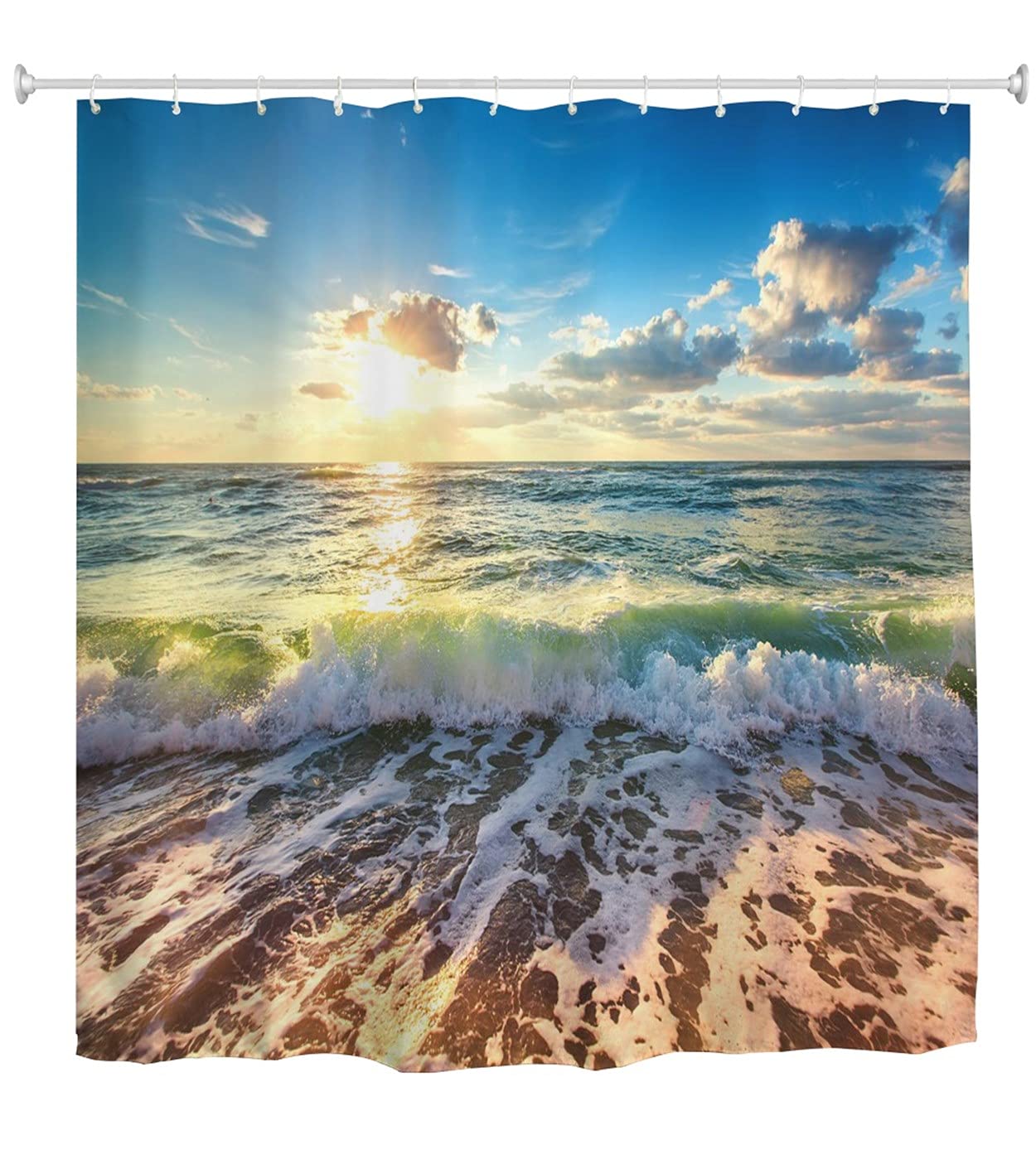 Beach Shower Curtain, Ocean Sea Sunrise Shower Curtains for Bathroom,Fabric Waterproof Washable,72x72 inches