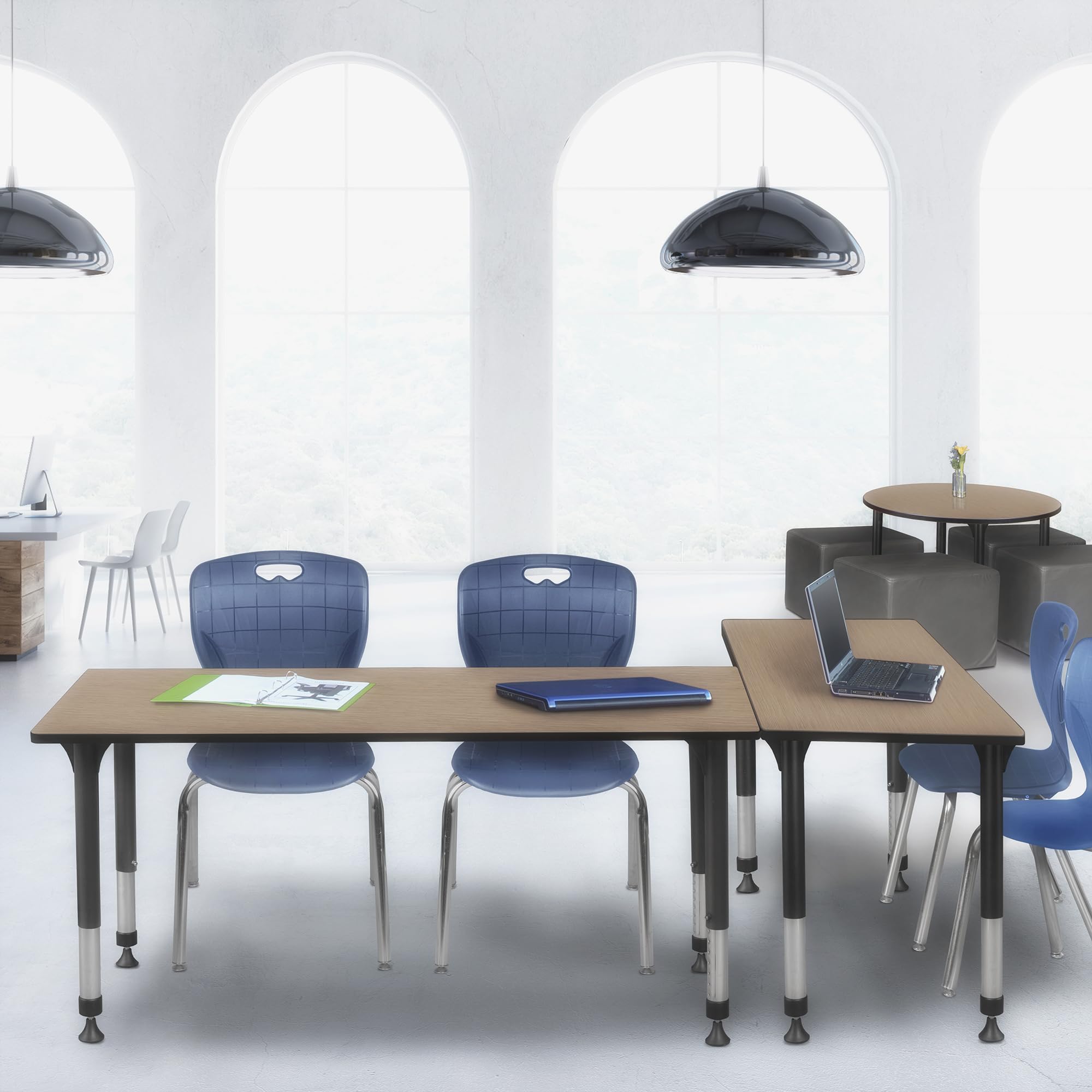 Regency Kee 72 x 24 in. Adjustable Classroom Table- Noble Oak Top, Black Base & 2 Andy 18 in. Blue Stack Chairs