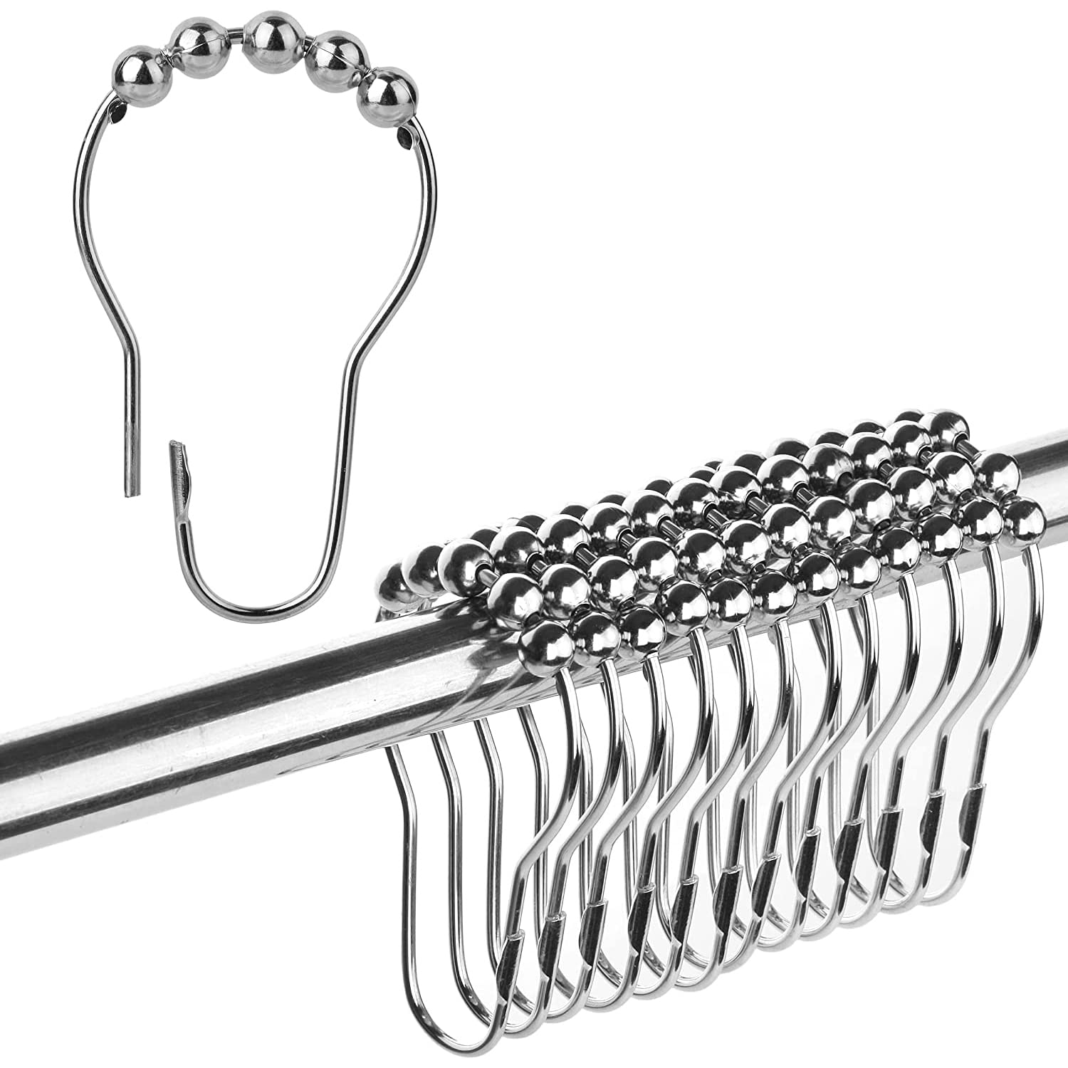 JZS Shower Curtain Hooks Rings, Decorative Shower Curtain Hooks Rust Proof Stainless Steel Shower Curtain Rings, Hook Rings for Curtain Bathroom Shower Rods Set of 12, Polished Nickel