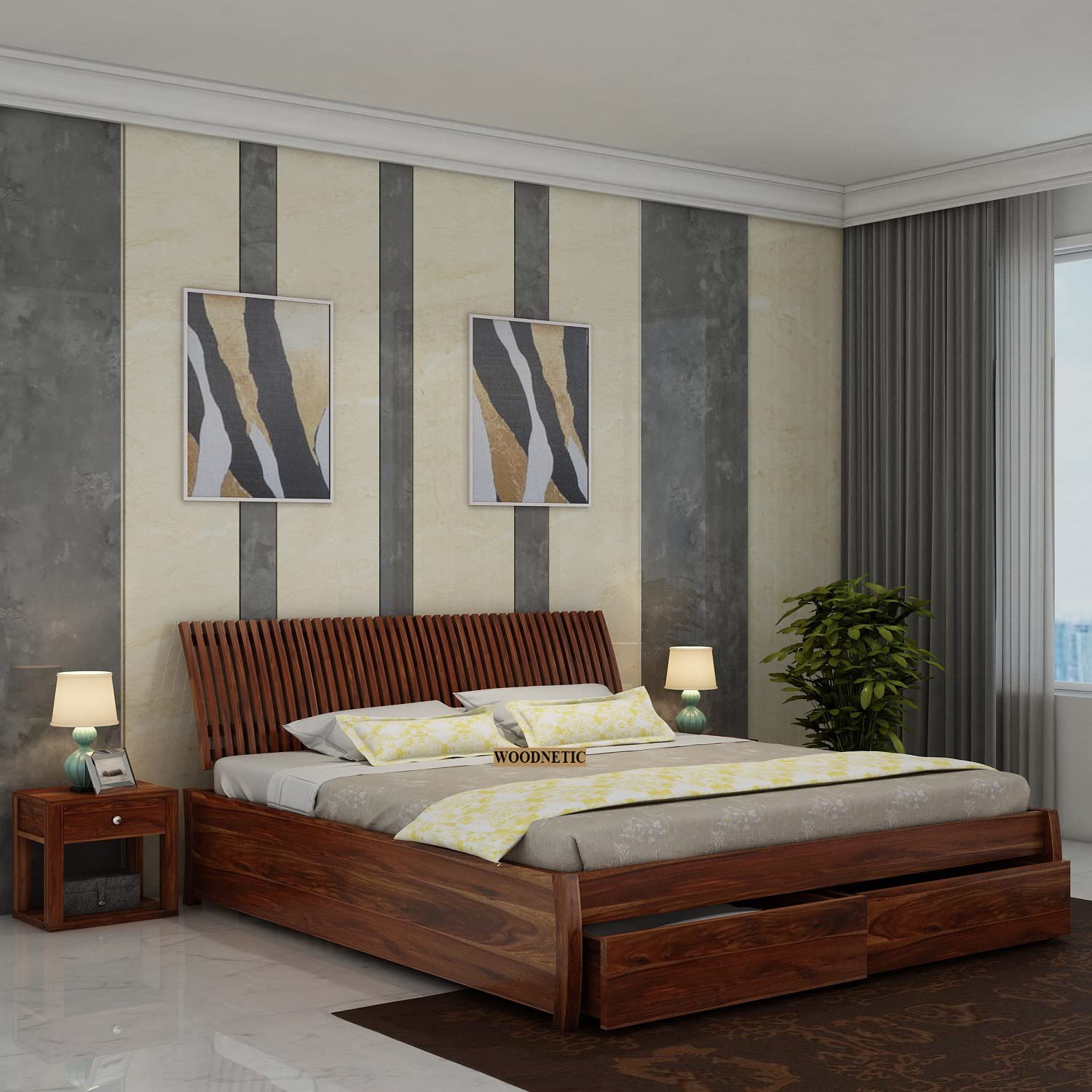 WOODNETIC Solid Sheesham Wood King Size Roller Bed with 2 Drawer Storage, Wooden Double Bed Frame for Bedroom, Slatted Headboard Design - Honey Finish Handcrafted Solid Wood Furniture Set
