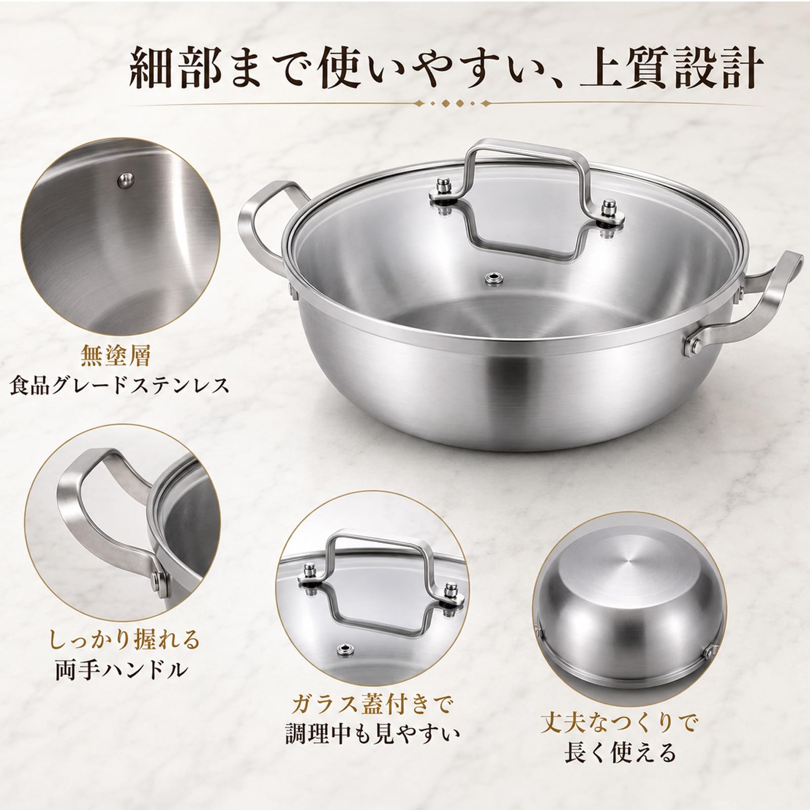 Amazon | Delarlo 3層ステンレススチール製 両手鍋 蓋付き|IH対応
