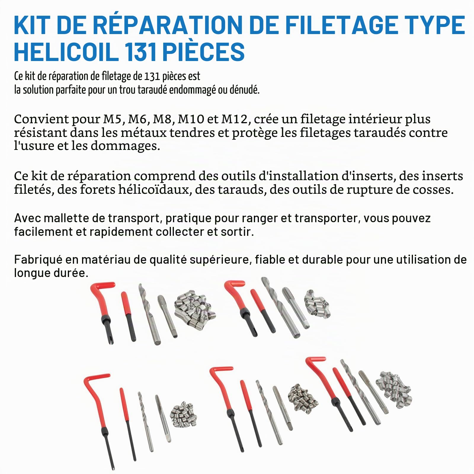 131 Pièces Kit de Réparation de Filetage - Kit de Réparation de Vis Helicoil - Remplacement pour M5 M6 M8 M10 M12