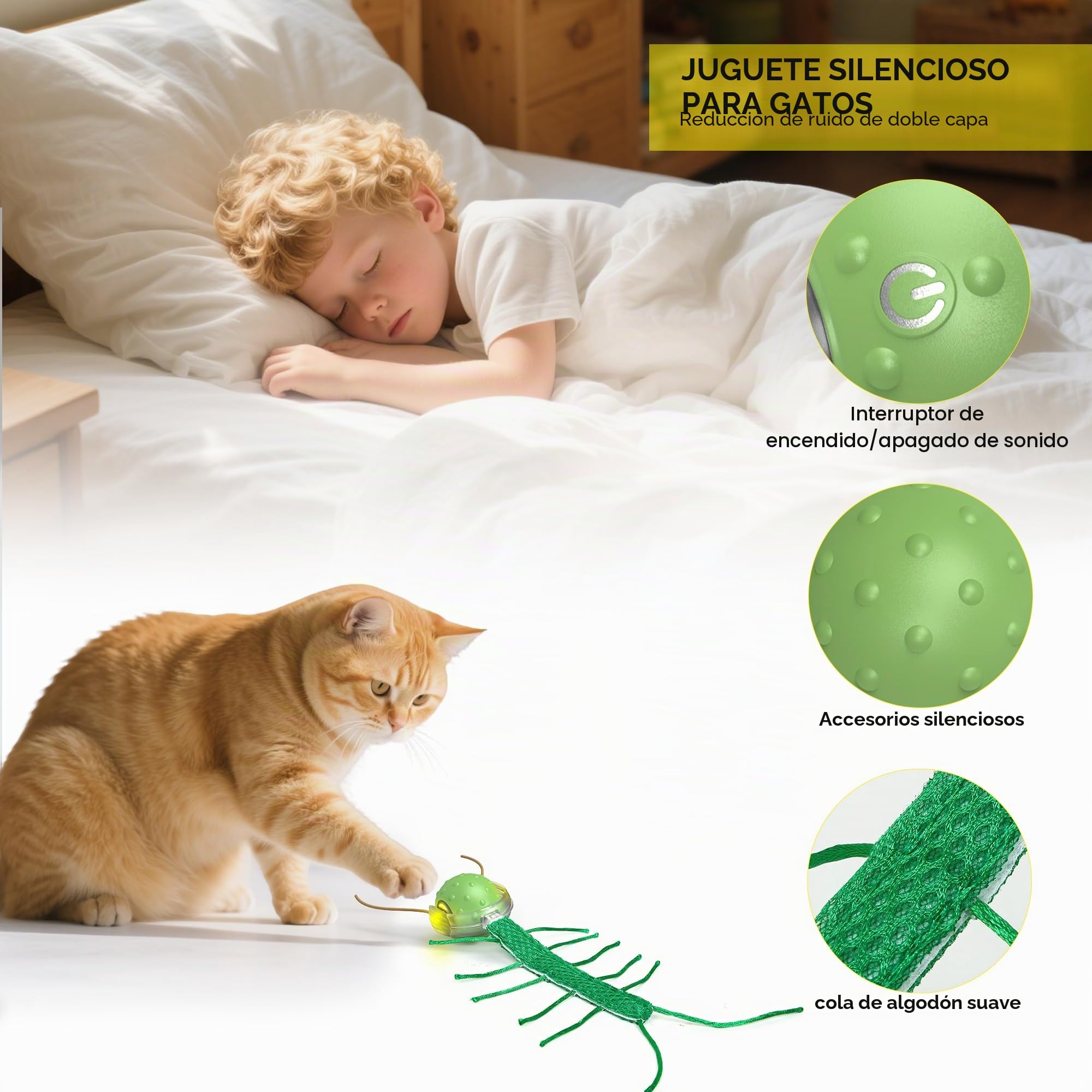 Juguetes para Gatos Adultos Interactivos con Movimiento Móviles Navidad - Juguete Pelota Automático 3 Velocidades, USB-C, Silencioso, Fun para Interior Día de los Reyes Magos‌ (Verde)