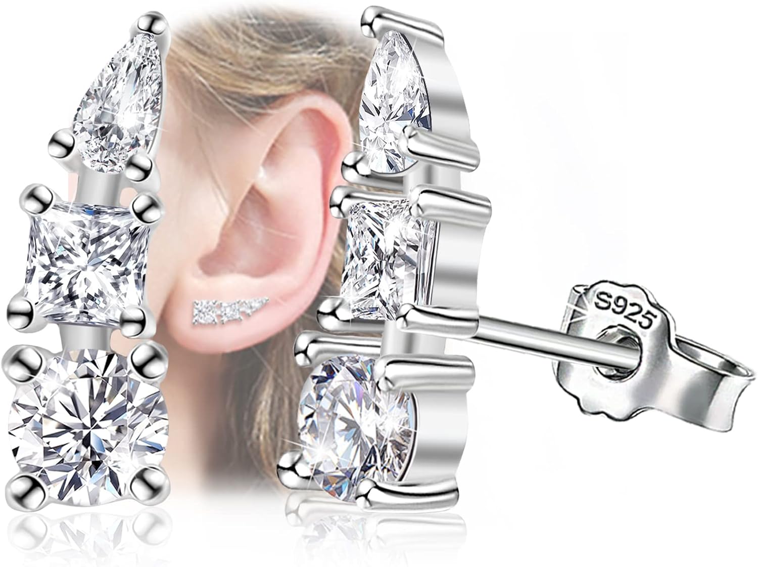 Sterling Silver Ear Climber Earrings with Post - Hypoallergenic Cubic Zirconia Mini Ear Crawler Earrings - Studs - Dainty Minimalist Earrings - Gifts for Birthday, Wedding