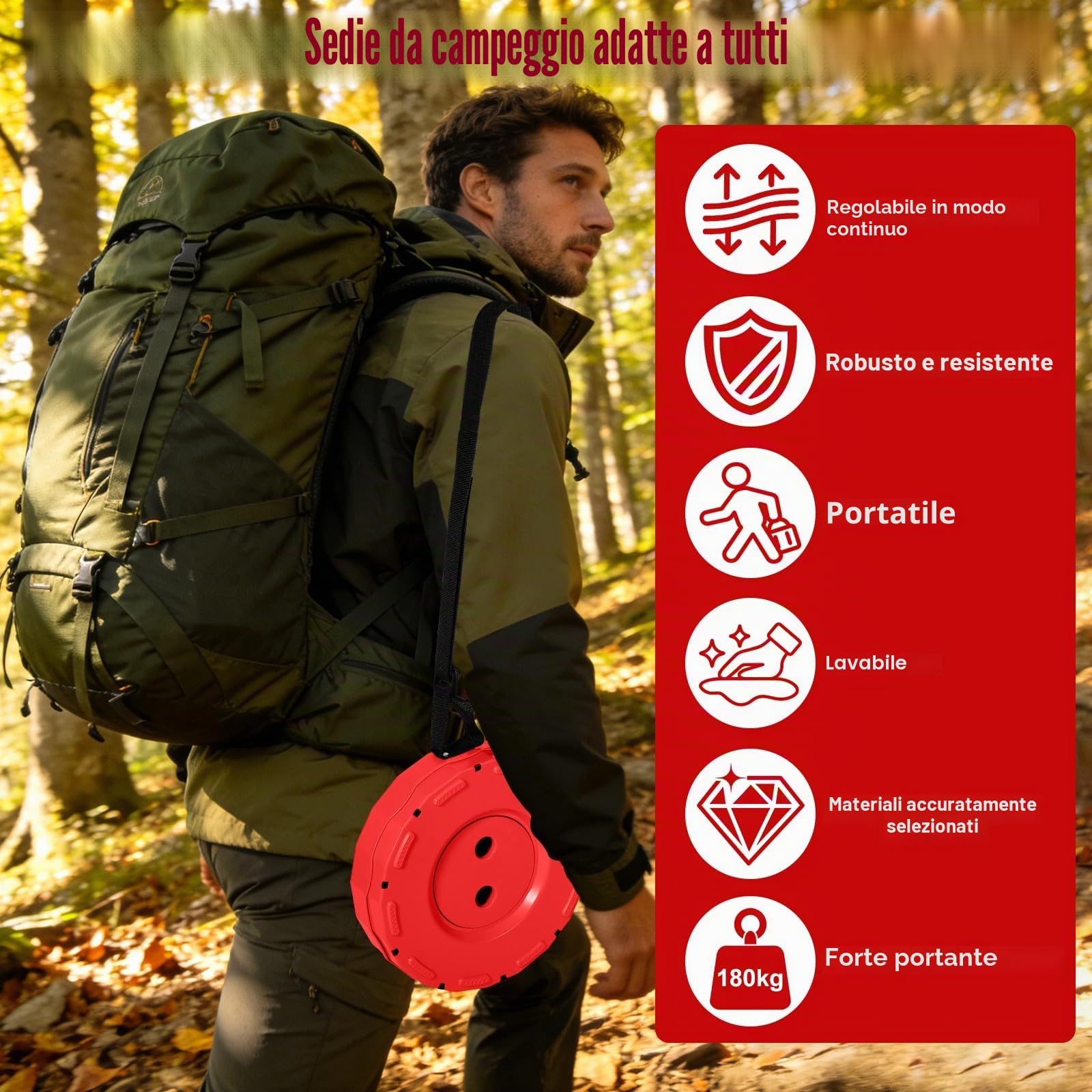 Sgabello Pieghevole Portatile, Sgabello Telescopico, Sgabello da Campeggio Leggero, Altezza Regolabile, Ideale per Campeggio, Giardino, Escursionismo, Pesca, Capacità di Carico 180 kg (Rosso, 1)