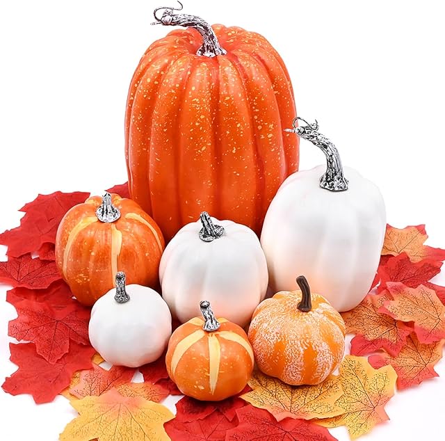 Topeedy Orange and White Artificial Pumpkins Autumn Decoration Set7Pcs Pumpkins And 50Pcs Fake Maple Leaves For Halloween Thanksgiving Party Decorations