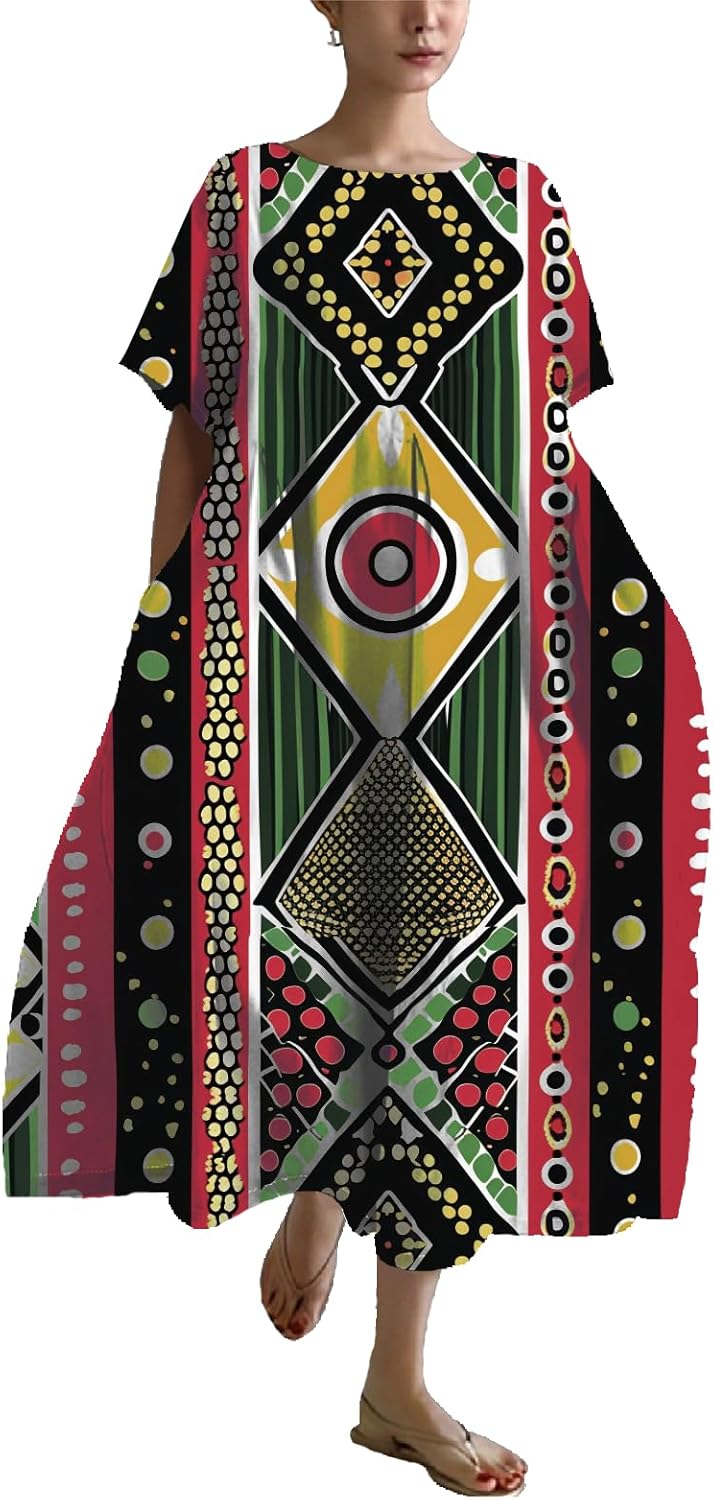 Summer Maxi Dress for Women Plus Size Casual Boho Ethnic Baggy Loose Fit Crew Neck Short Sleeve Beach Dress