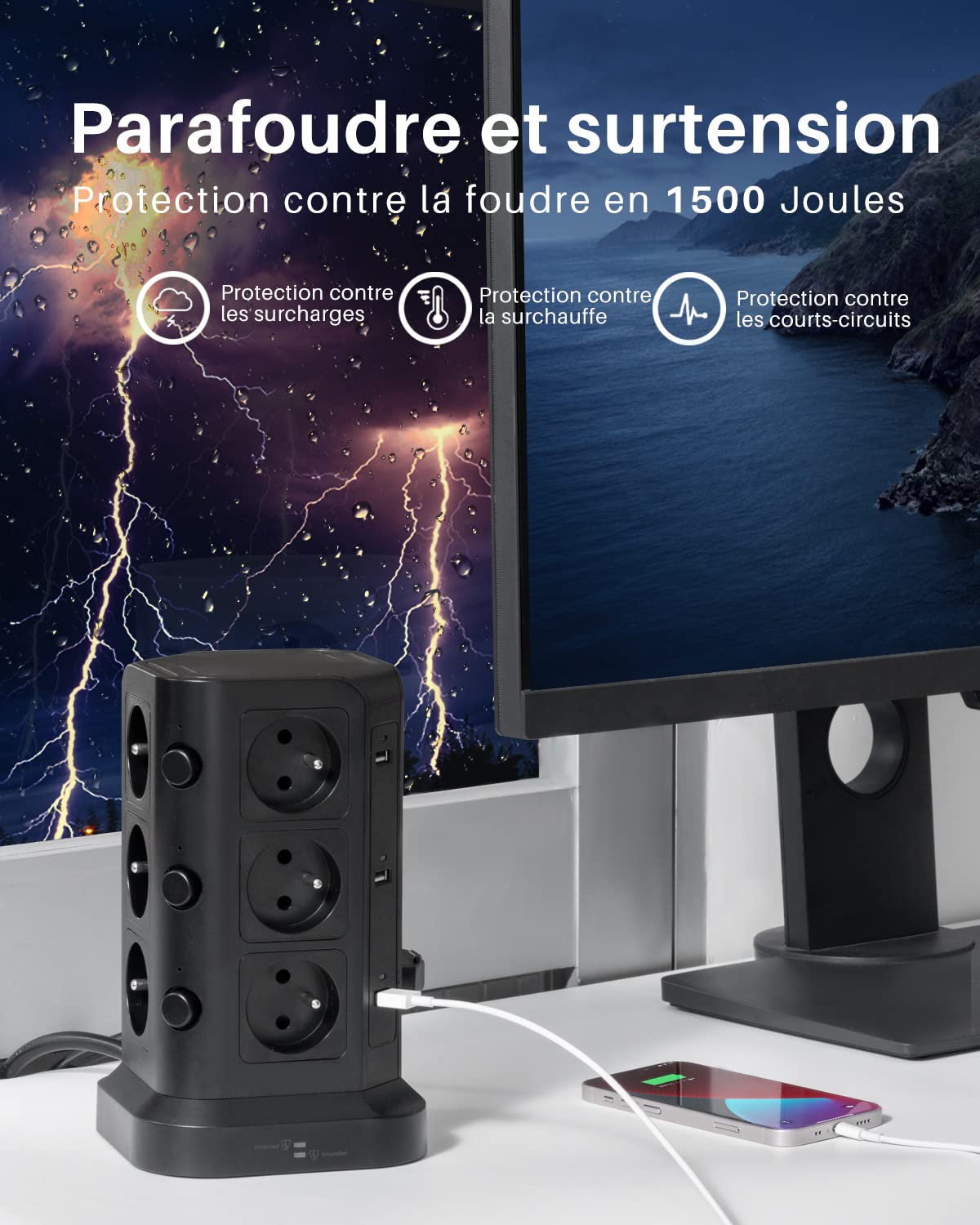KOOSLA Frankreich Steckdosenleiste, 12 Fach, 6 USB, 2M, Schwarz | 12 Typ E Steckdosen, 6 USB, 4000W/16A, Überspannungsschutz, Büro, Zuhause, Frankreich
