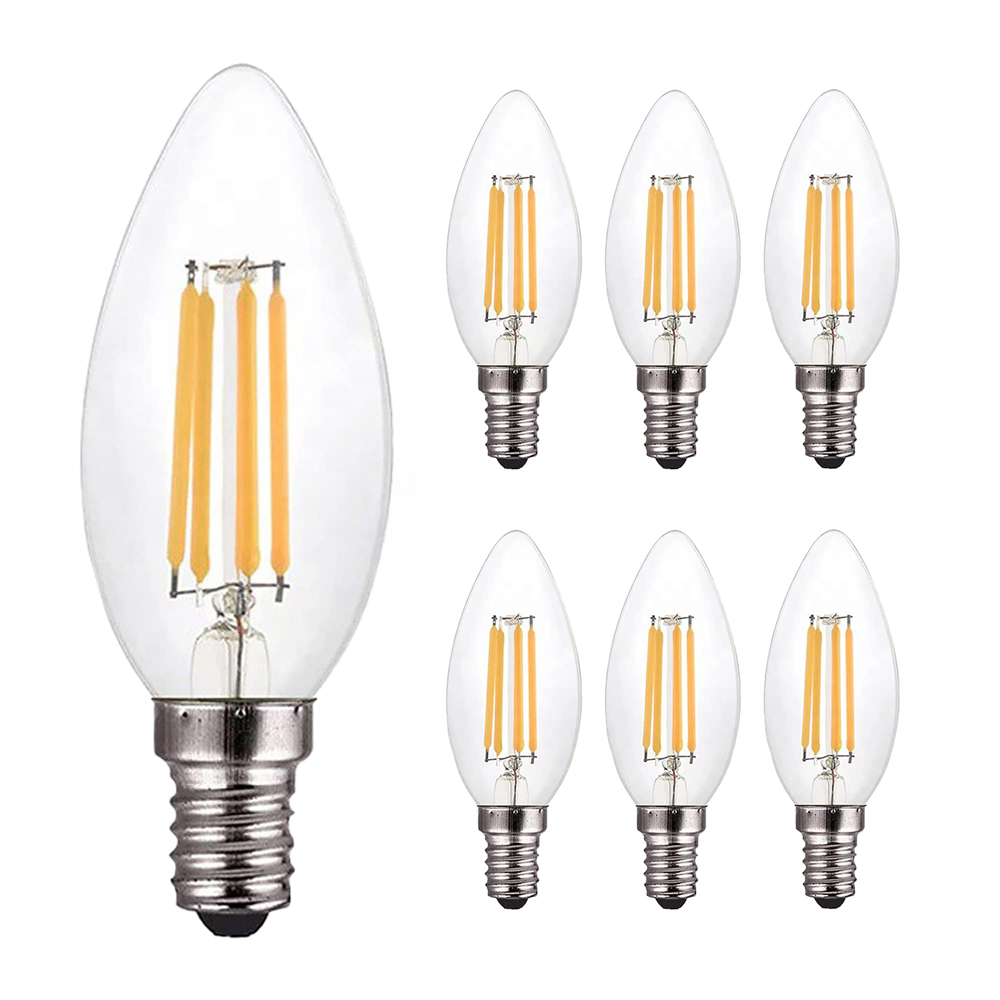 (PACK OF 5) E14 (4W) Candle Bulb, Non-dimmable, Warm White, 2700k Classic Clear Glass, LED Filament Candle Bulb