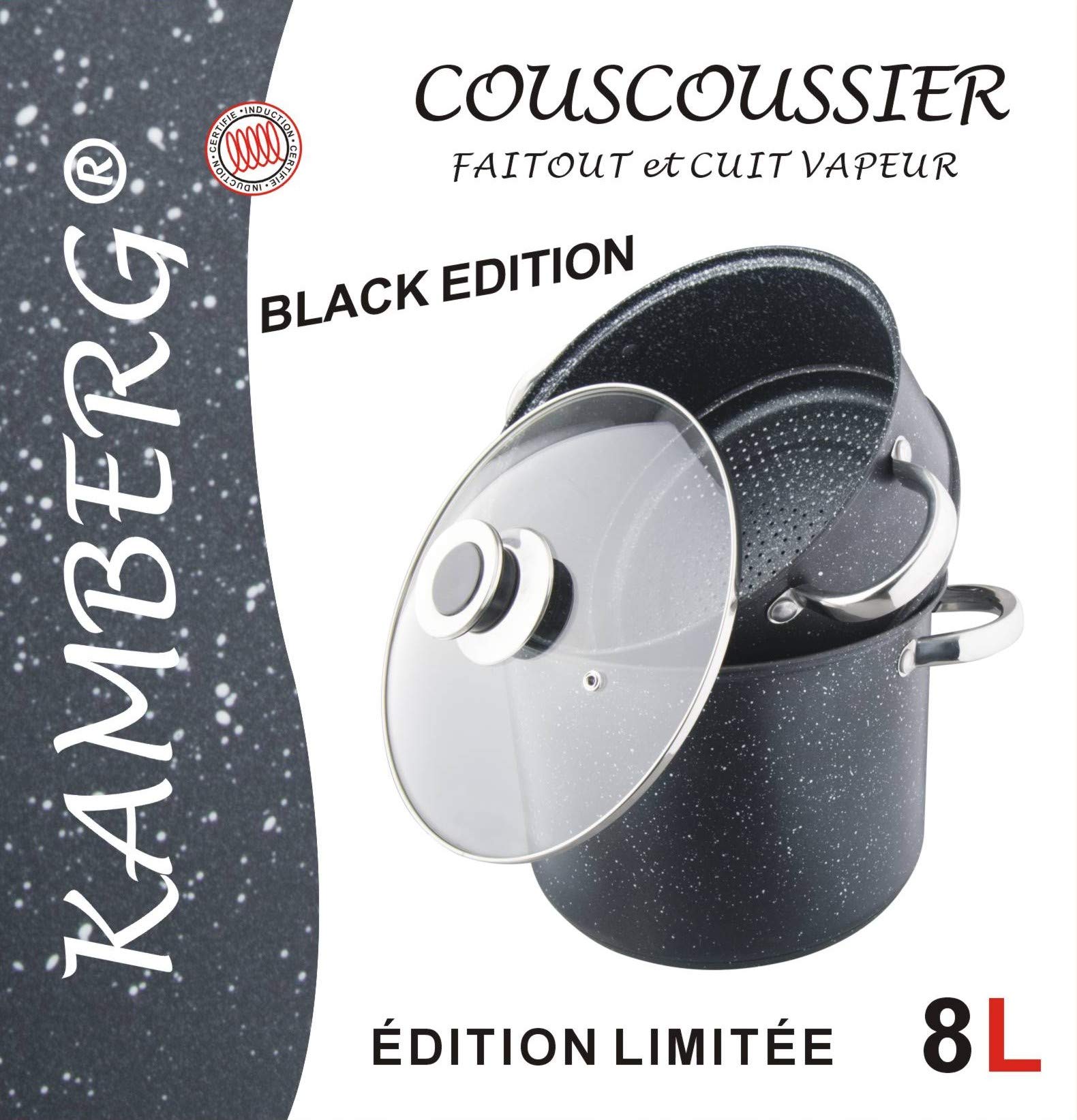 Kamberg - Couscoussier / Cuit Vapeur / Faitout 3 en 1 - Diamètre 24 cm - 8 Litres - Acier Inoxydable Haute Qualité - Tous Feux dont Induction - Revêtement Type Pierre - Sans PFOA - 0008122