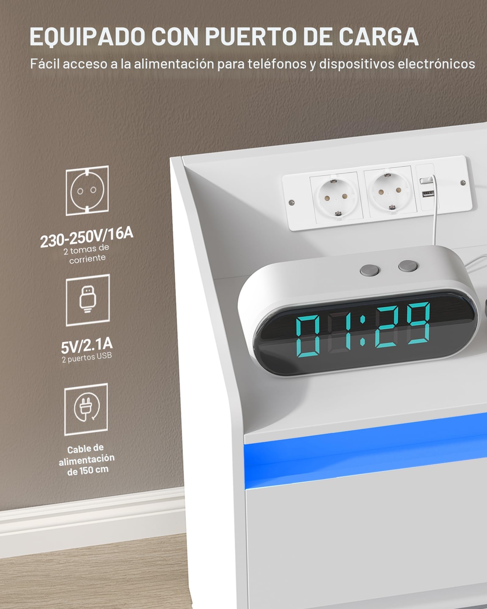 Hzuaneri Mesitas de Noche Juego de 2 con Luces LED, Estación de Carga y 2 Cajones, Mesa Auxiliar con Puertos USB y Enchufes de Energía, Ideal para Sala de Estar y Dormitorio, Blanco NS30103X