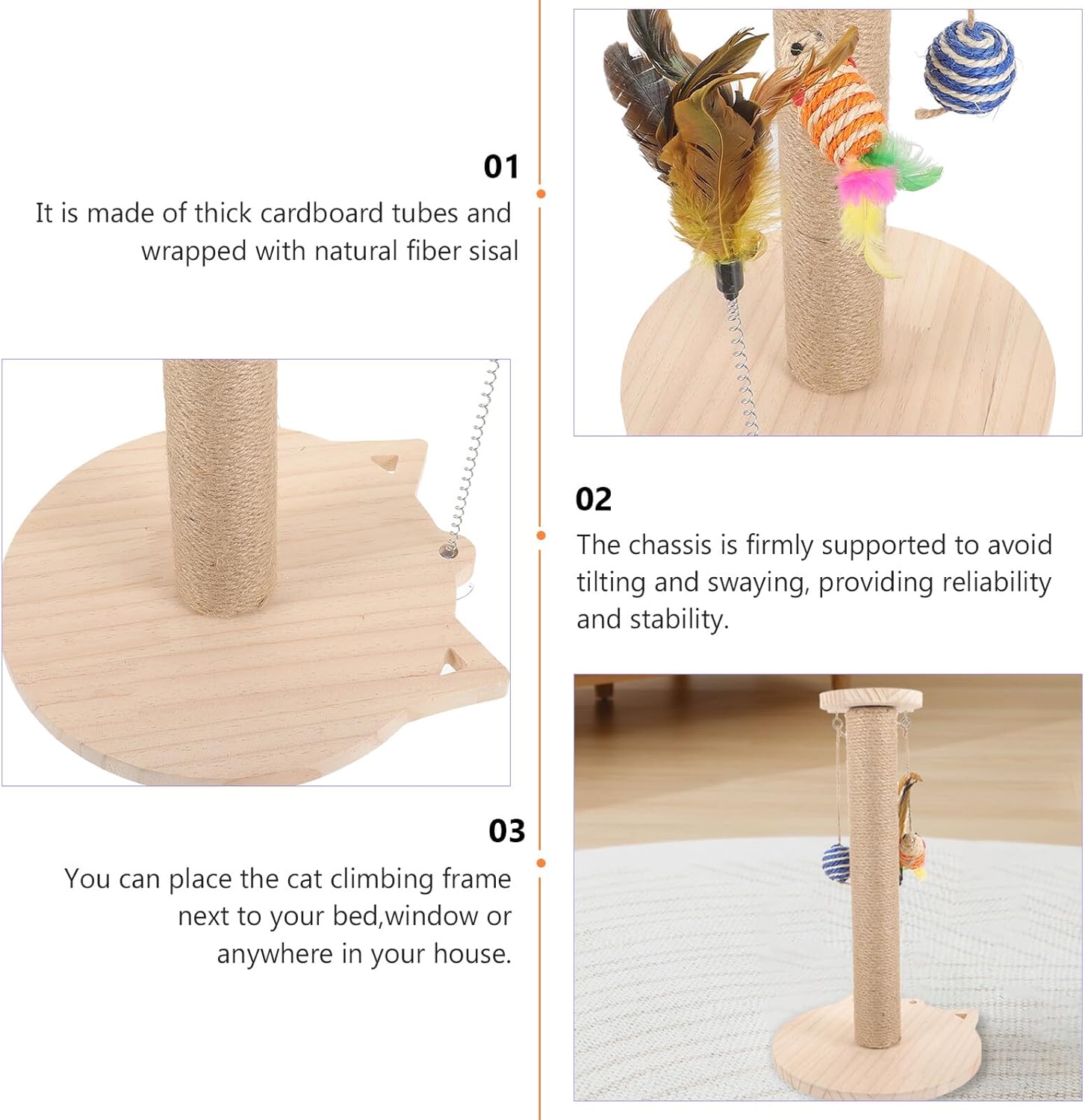 VICASKY Cat Scratching Post Sisal and Solid Wood Sturdy Standing Kitten Scratch with Teaser for Indoor Cats Pet Scratch Pole Furniture Random Color