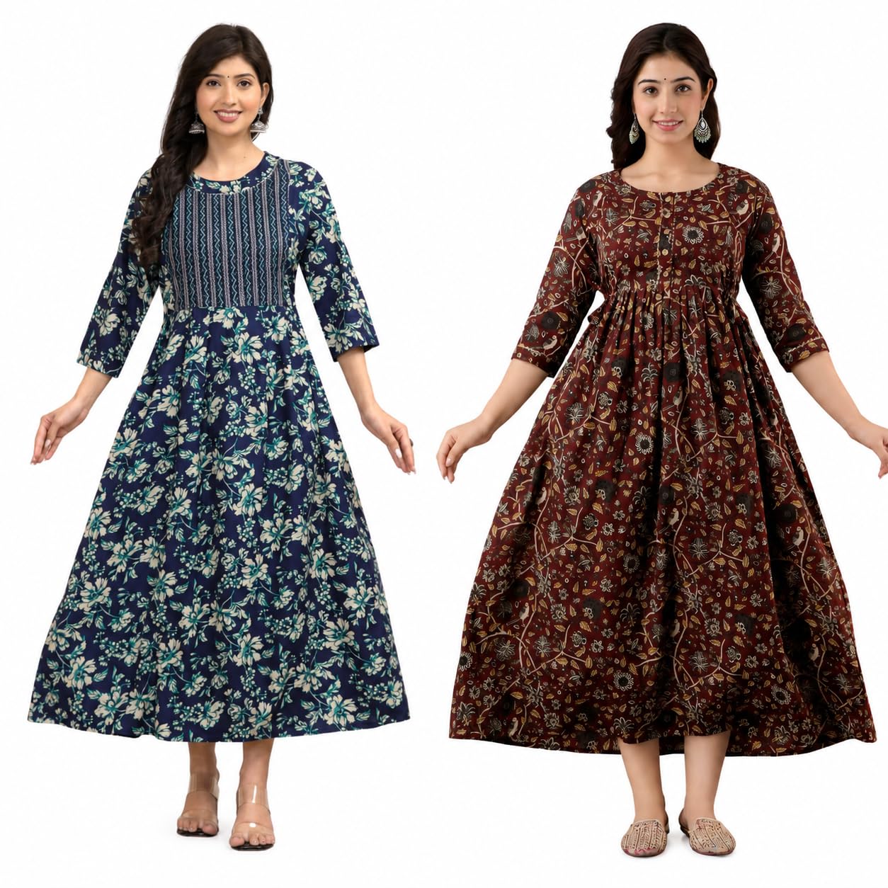 Floral Printed Anarkali Kurta, Maternity Feeding Dress, Navy Blue and Maroon, Pack of 2-image-24