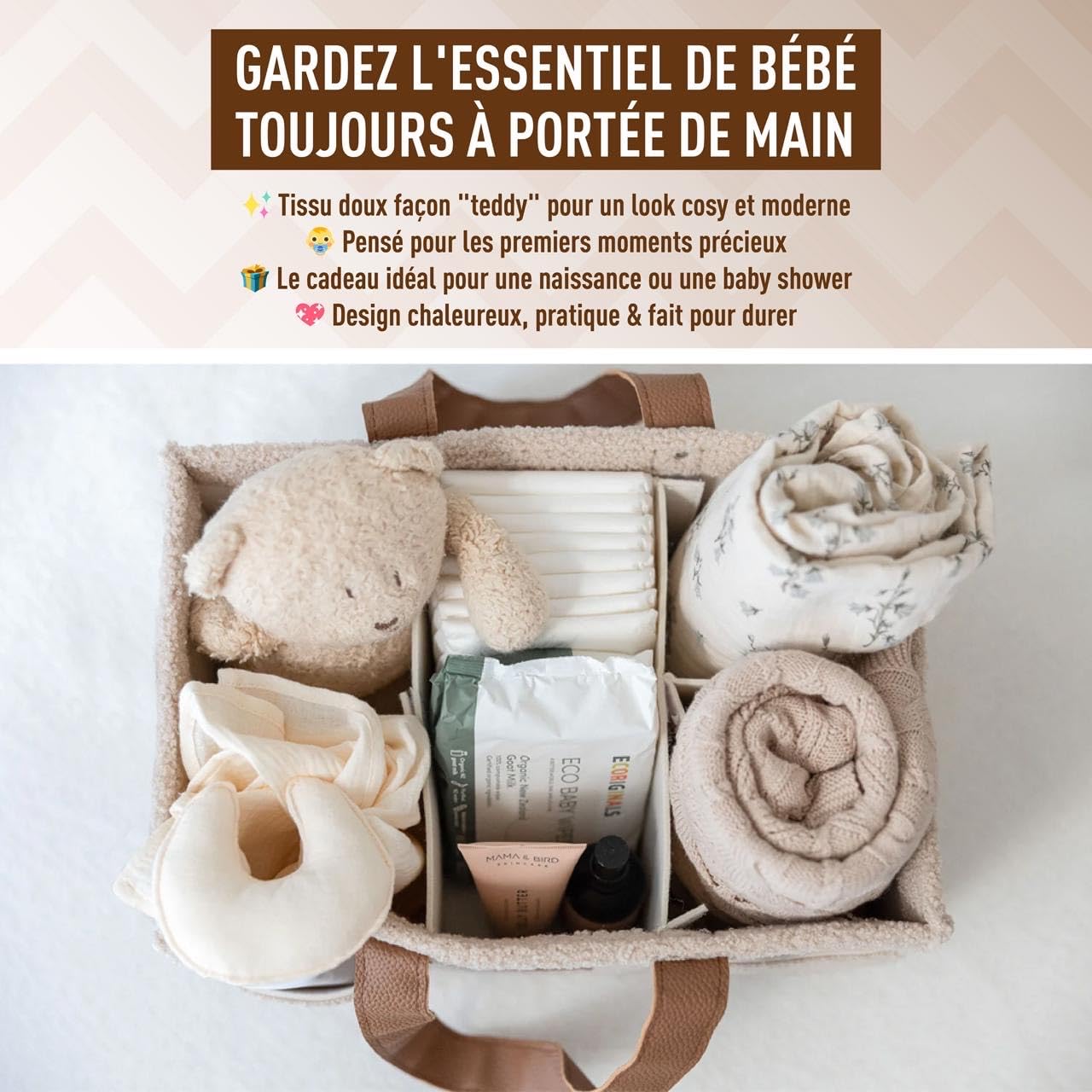 Panier à couches bébé en feutre boho – Grand organisateur portable pour nursery, maternité et voyages – Poches latérales et rangements pratiques (Beige)