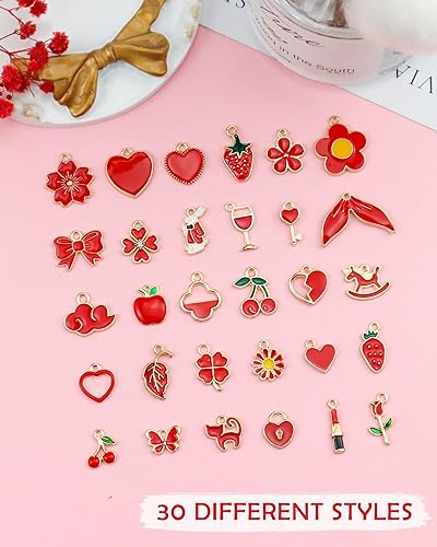 Miniatura 3 de 30 dijes de esmalte con temática roja chapados en oro surtido, dijes para collares, pulseras, joyería y manualidades, aleación, No es una piedra