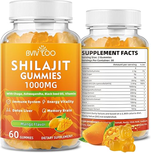Shilajit - Gomitas de 1000 mg sin azúcar, suplemento puro de Shilajit del Himalaya para hombres y mujeres, alto en más de 85 oligoelementos y ácido