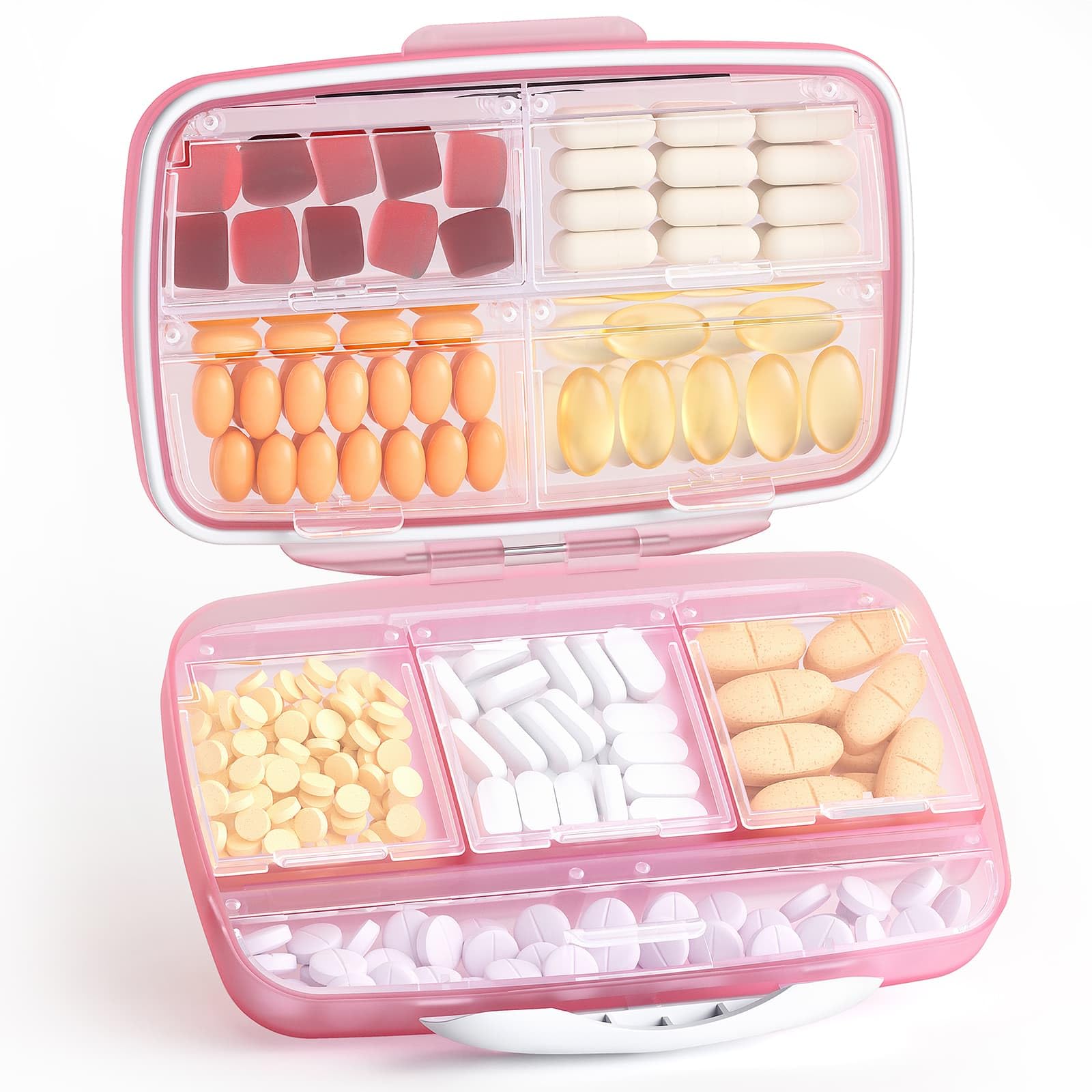 Barhon Travel Pill Organizer with 8 Large Compartments, Travel Medicine Pill Box Pocket Pharmacy Moisture-Proof, Portable Vitamin Organizer Cases for Fish Oil & Supplements (Pink)