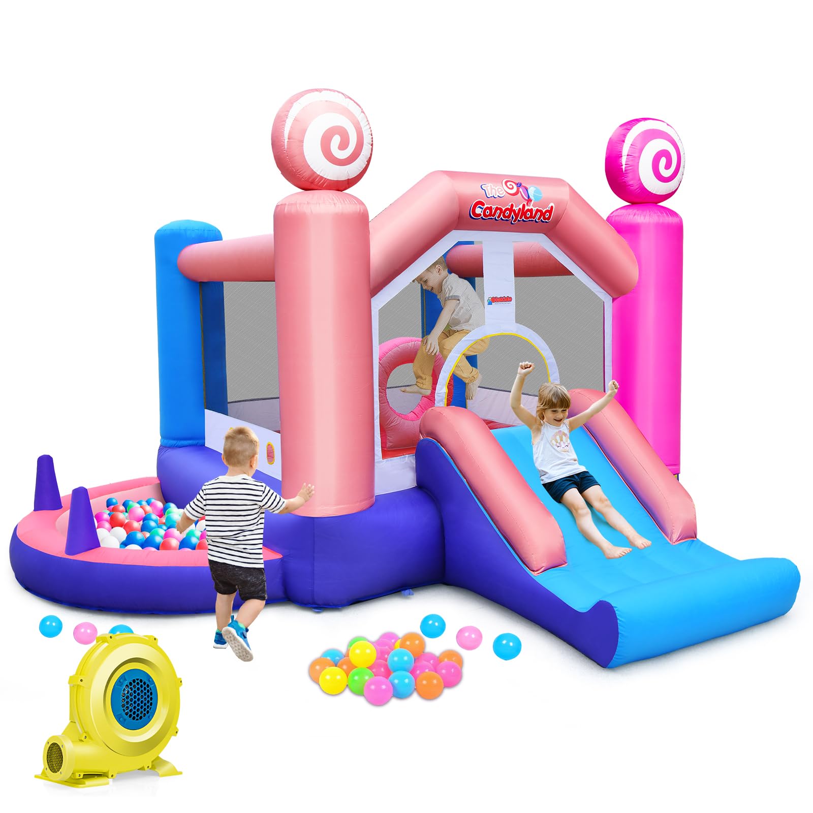 OLAKIDS Inflatable Bounce House, Princess Pink Jumping Castle Kids Candyland with Slide Ball Pit Basketball Rim, Indoor Outdoor Inflatable Obstacle Course with 680W Blower 50PCS Ocean Balls Carry Bag