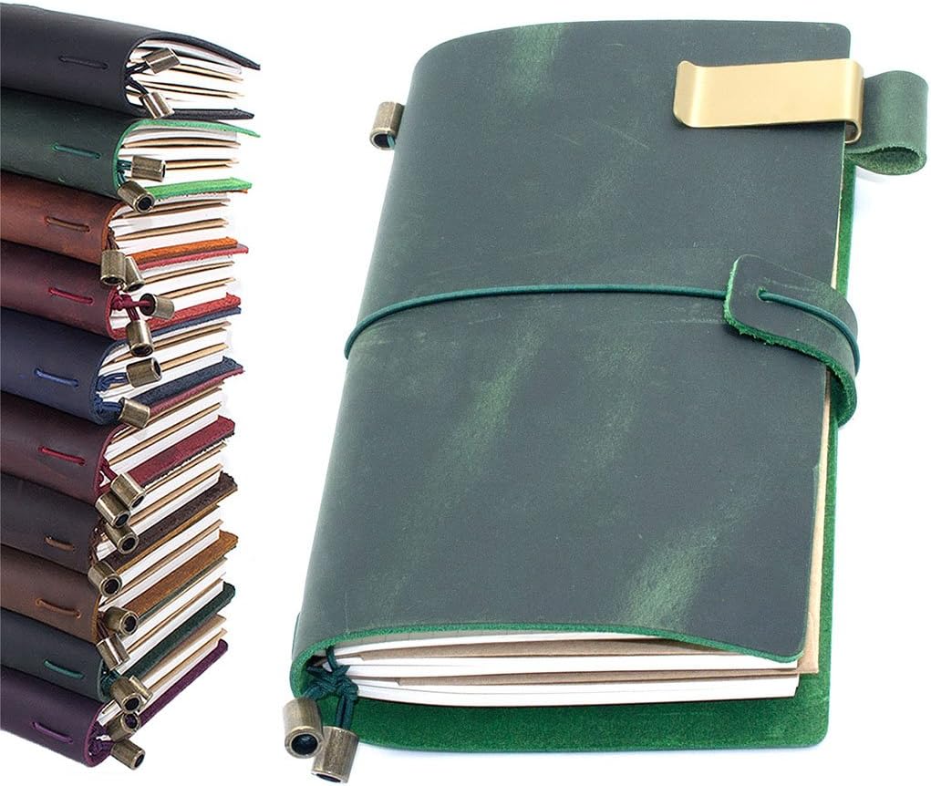 Leather Journal, Handmade Vintage Refillable Travel Diary Writing Notebook Gift for Men & Women 8.7"x4.7" Green
