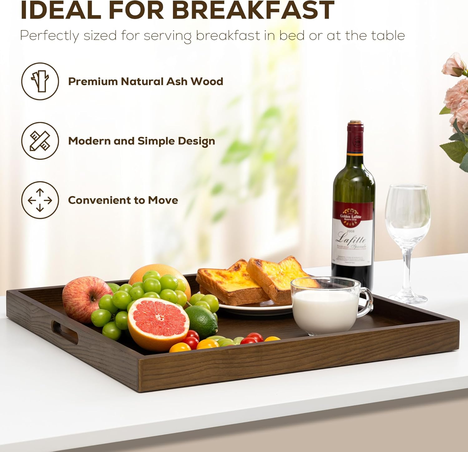 Axeman 22 Inch Large Square Wooden Ottoman Tray for Living Room|Extra Large Serving Tray with Handles for Coffee Table, Breakfast|Decorative Wood Tray for Ottoman Couch Sofa Kitchen|Walnut