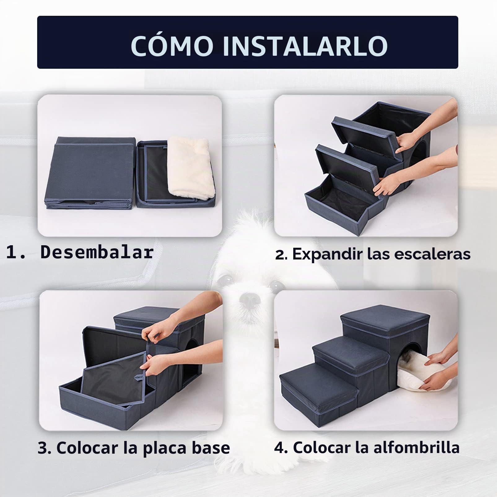 Escalera para Perros de 3 Peldaños, Portátiles Extraíble Escalera para Mascotas con Cajas de Almacenamiento, Rampa Mascotas con Fondo Antideslizante, para Perros Pequeños, Gatos (Azul)