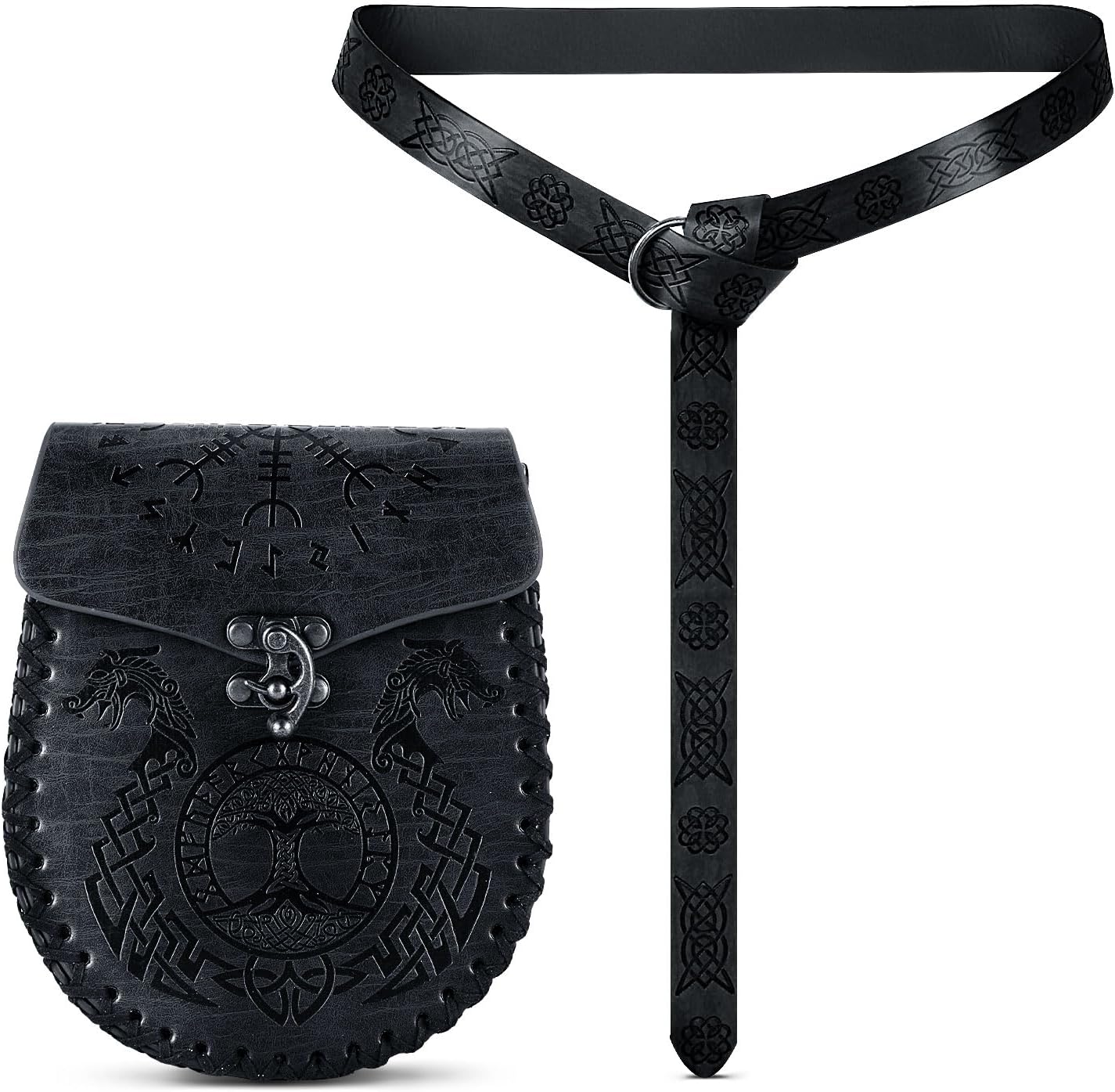 PEUTIER 2pcs Leather Belt Pouch Set, Viking Belt Pouch with a Medieval Belt and a Renaissance Bag with Dragon Totem Renaissance Accessories for Party Festival Cosplay (Black)