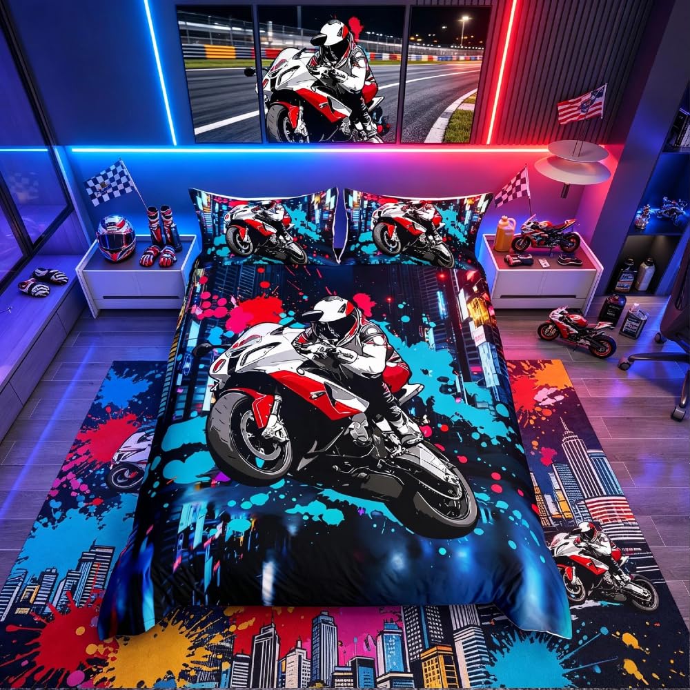 Homemissing Blue Graffti Dirt Bike Bedding Set for Girls Boys Racing Motocross Rider Comforter Cover Extreme Sports Duvet Cover Motorbike Bedspread Cover King Size 3Pcs