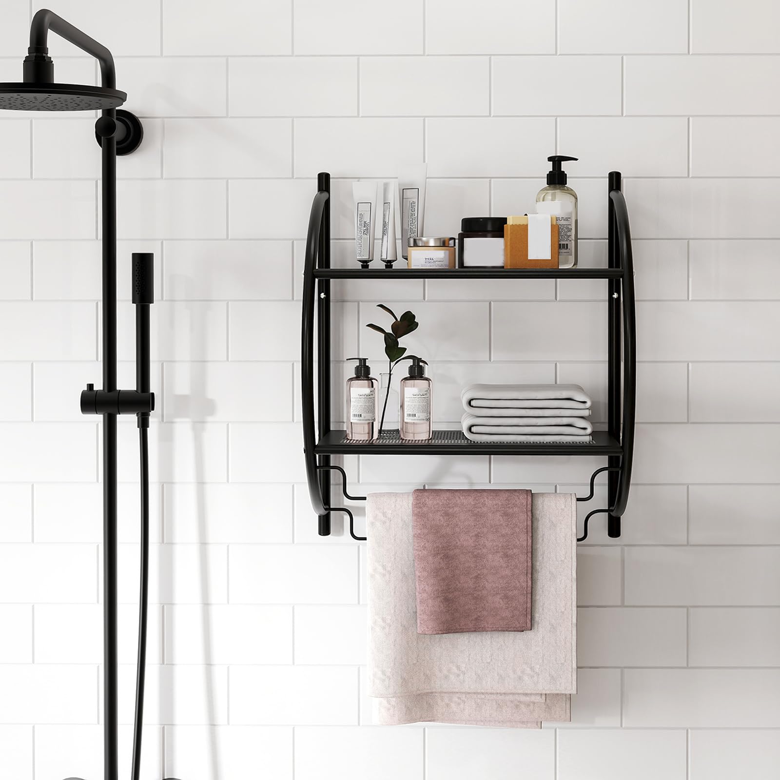 GIANTEX Badregal Hängend, Wandregal Badezimmer 45 x 25,5 x 55 cm, Hängeregal Bad mit 2 Ablagen & 2 Handtuchhalter, Hängestange Rostfrei für Badezimmer, Duschregal Wandmontage (Schwarz)