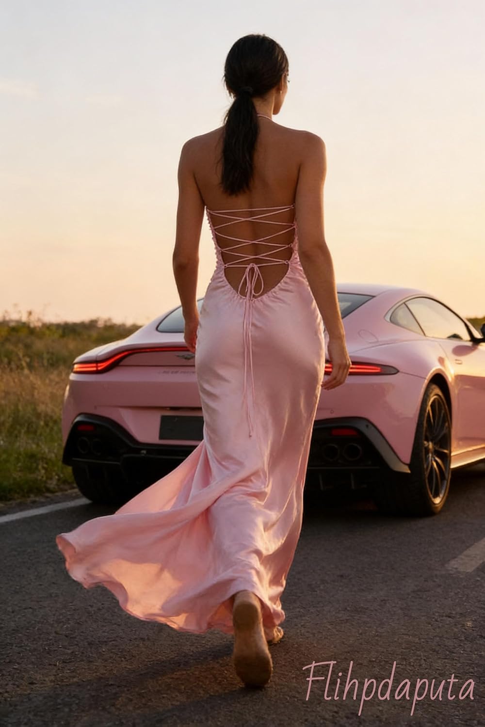 Sparkly Ruched Satin Prom Dresses for Women 2026 Halter Backless Formal Dresses Evening Gowns