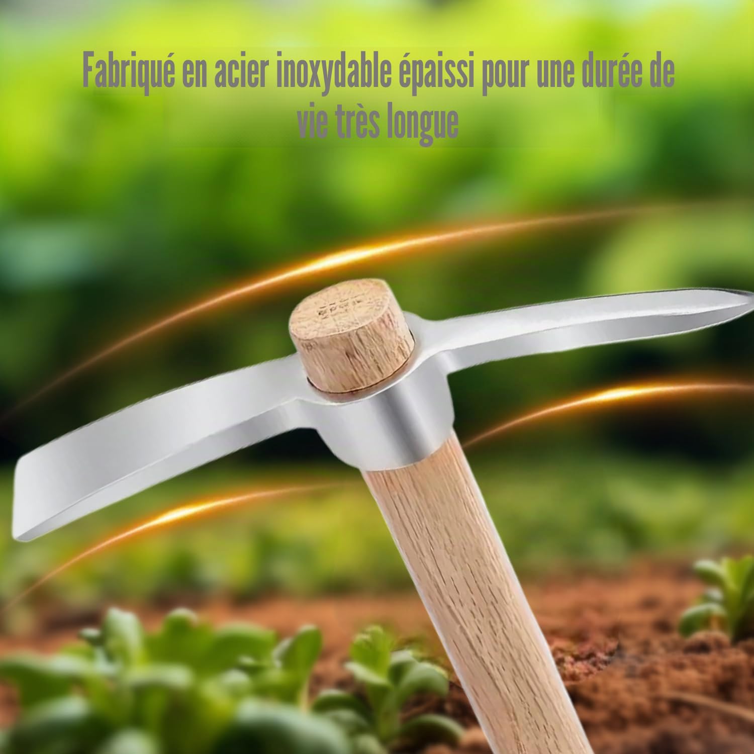 Pioche de Jardin de 40 cm/15,7 pouces, Houe de Pioche en Acier Inoxydable Binette Jardinage Desherbage Pioche Solide et Durable Outils de Houe de Jardinage Agricole avec Manche en Bois