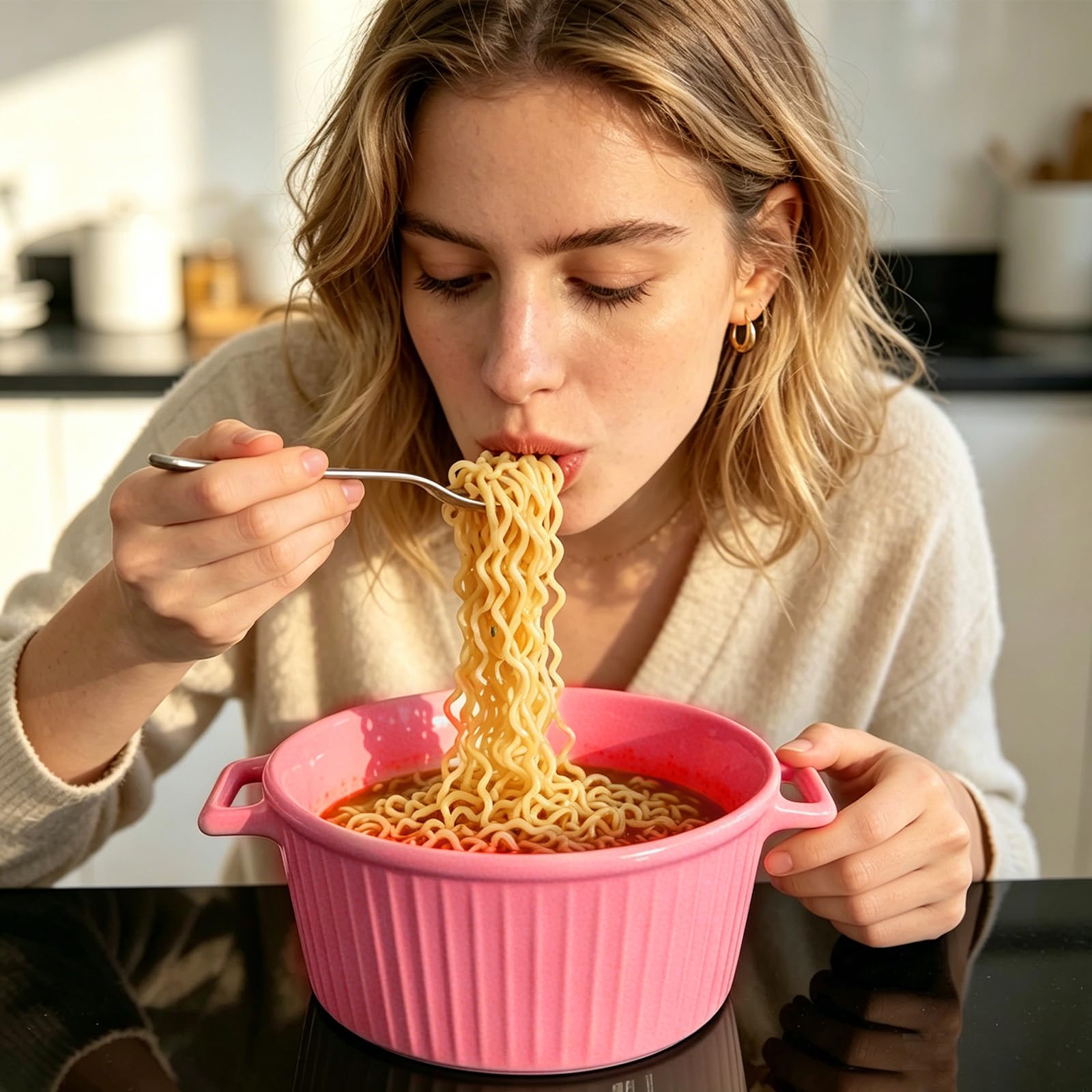 Plat à Gratin en Céramique avec Couvercle, 1,2L, Mini Cocotte avec Poignées, Grand Bol pour Lasagnes, Ramen, Pâtisserie, Moules Ronds pour Four, Micro-ondes, Rose Framboise