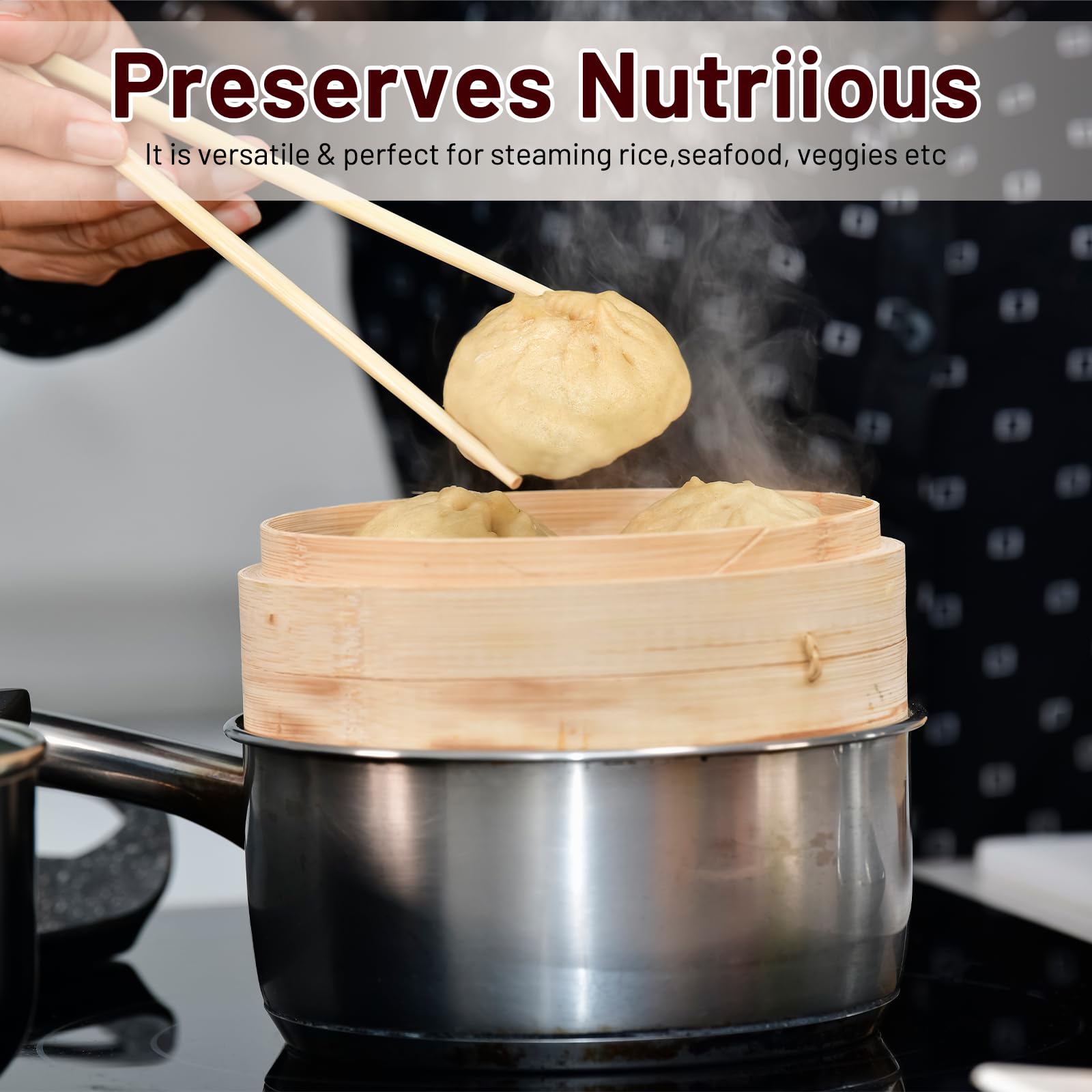 Cesta de vapor de bambú de 3 niveles de 10 pulgadas con 50 papeles de pergamino, para cocina, albóndigas, bollos, Dim Sum