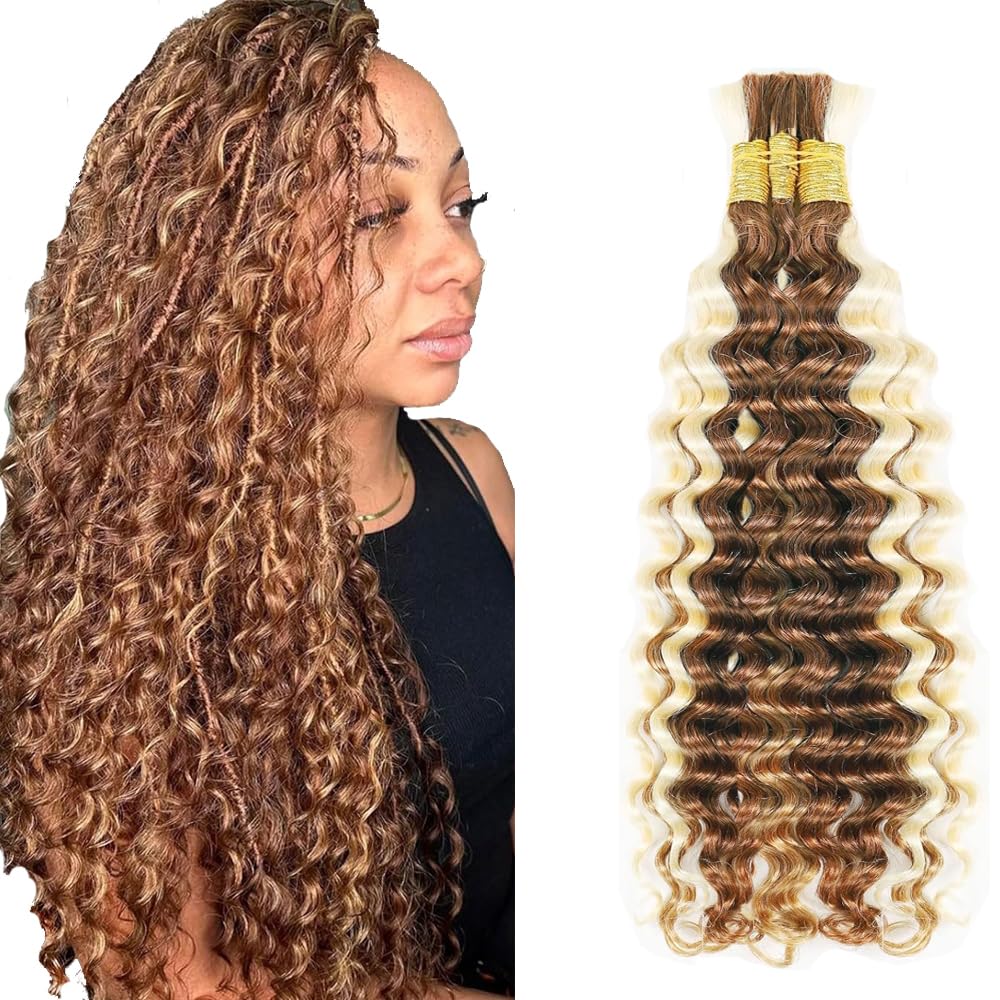 Evaxilc Deep Wave P30/613 Highlight Blonde Color 50g/Bundles 30 30 30 Inch Bulk Hair For Braiding 3 Bundles/Pack Virgin No Weft For Braiding Wavy Human Hair Extensions