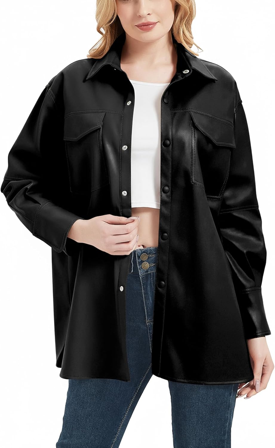RISISSIDA Women Faux Leather Shacket Jacket Loose Fit, Spring Fall Casual Lapel Button Down Long Sleeve Pleather Shirts