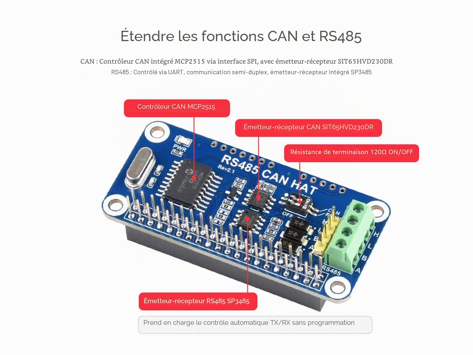 RS485 Can Hat pour Raspberry Pi 4B/3B+/3B/2B/B+/A+/Zero/Zero W/WH, Autoriser la Communication Longue Distance Via la Fonction RS485/CAN, Intégrée Contrôleur Can MCP2515 Via SPI Interface