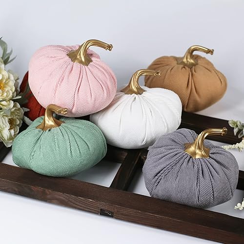 Vista 6 de Ogrmar Juego de 6 calabazas artificiales de tela de pana, calabazas realistas de cosecha para Halloween, festival de cosecha de otoño, decoración