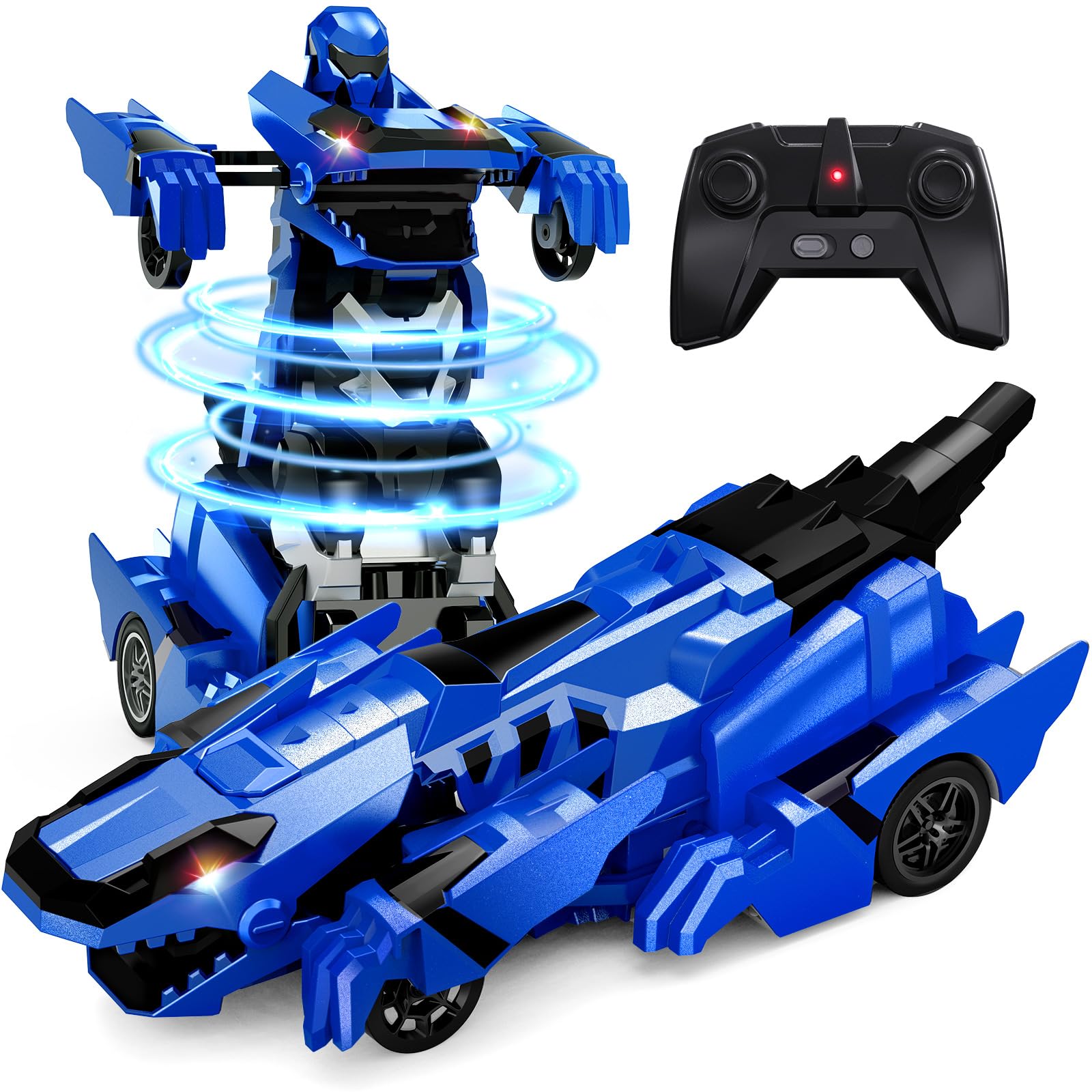 Tecnock 2025 Rechargeable Dinosaur Remote Control Car 2.4GHz One Button Transformation 360 °Rotation Robot Car Toy with LED Lights Toy Gift for Age 4-12 Boys/Girls Blue