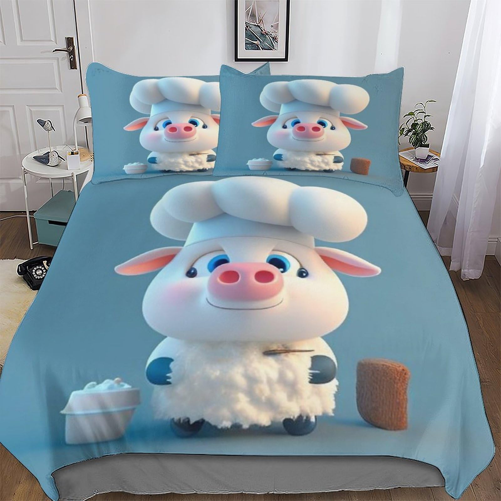 Housse de couette Cochon Mignon 3D King parure de lit microfibre douce avec 2 taies 220x240cm