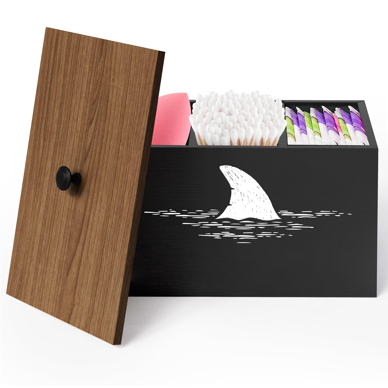 Tampon Holder For Bathroom Organizer, Cotton Swab Holder with Lid, 3 Compartments Q Tips Holder Cotton Buds Dispenser Makeup Organizer, Movable Feminine Product Organizer, Bathroom Storage Box(Black)