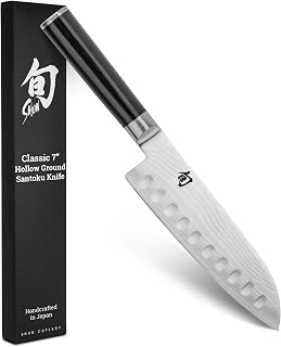 Shun Classic 7-Inch Hollow Ground Santoku Knife - VG-MAX Core, 68-Layer Damascus Steel, Pakkawood Handle, Handcrafted Japan