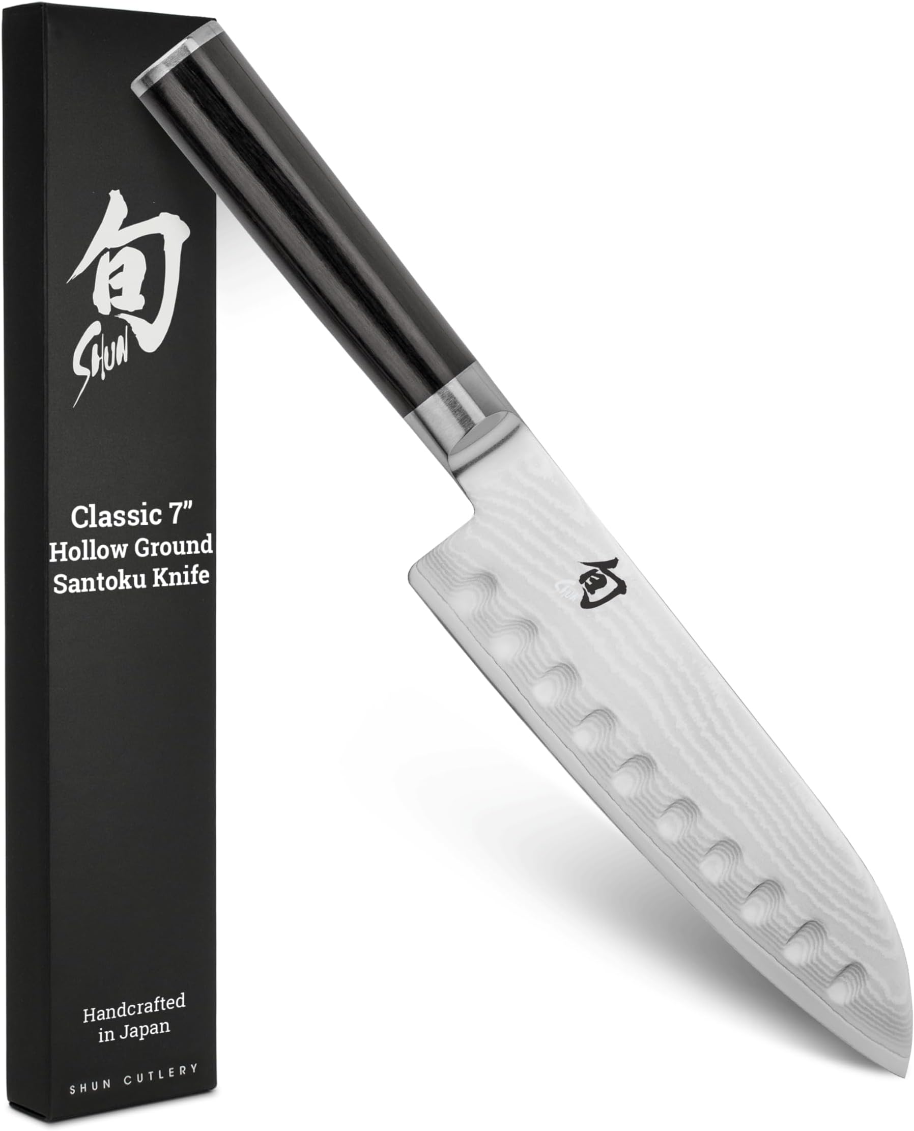 Shun Classic 7" Hollow Ground Santoku Knife, Handcrafted Japanese Cutting Knife, VG-MAX Core with Damascus Stainless Steel Cladding, Pakkawood Handle
