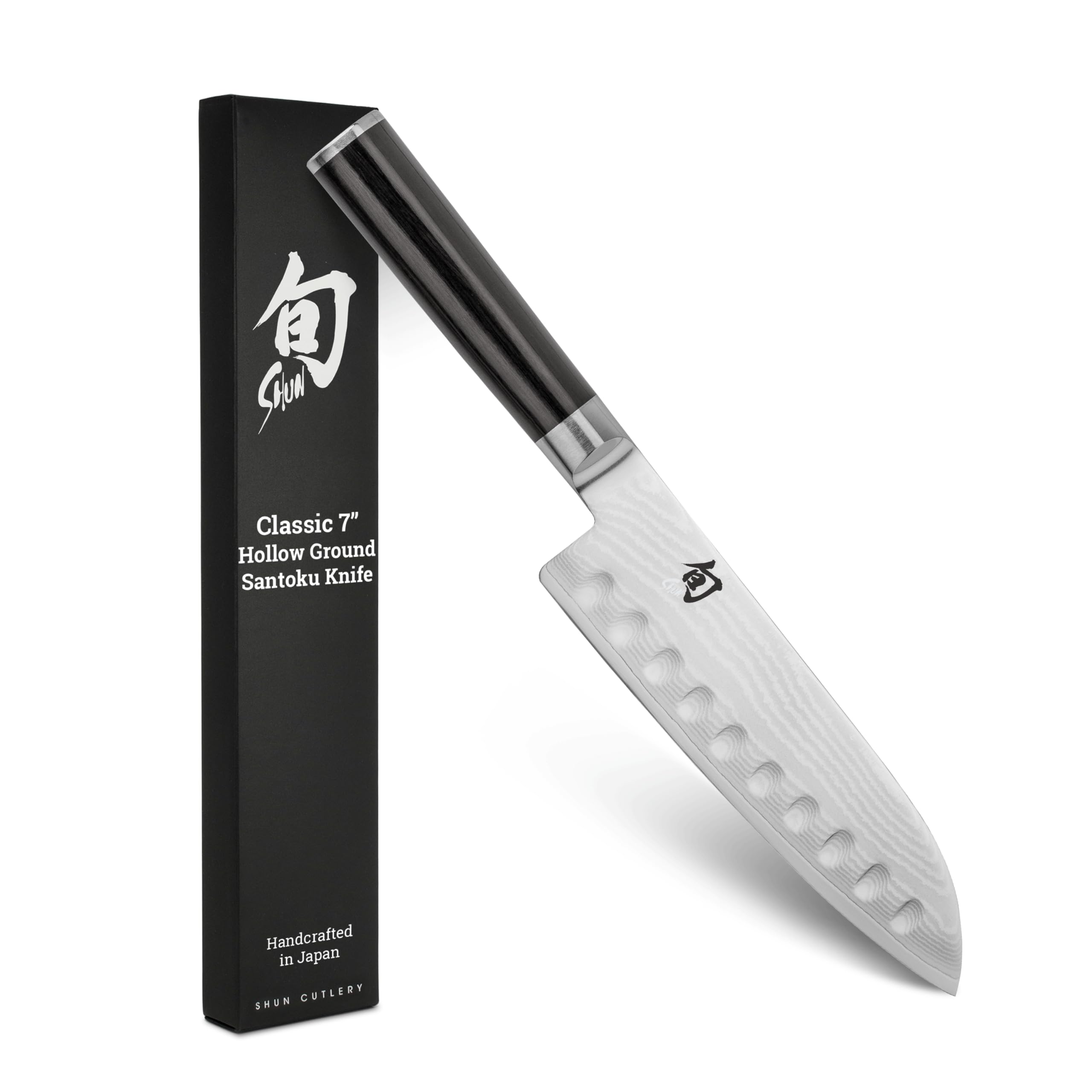 Shun Classic 7" Hollow Ground Santoku Knife, Handcrafted Japanese Cutting Knife, VG-MAX Core with Damascus Stainless Steel Cladding, Pakkawood Handle