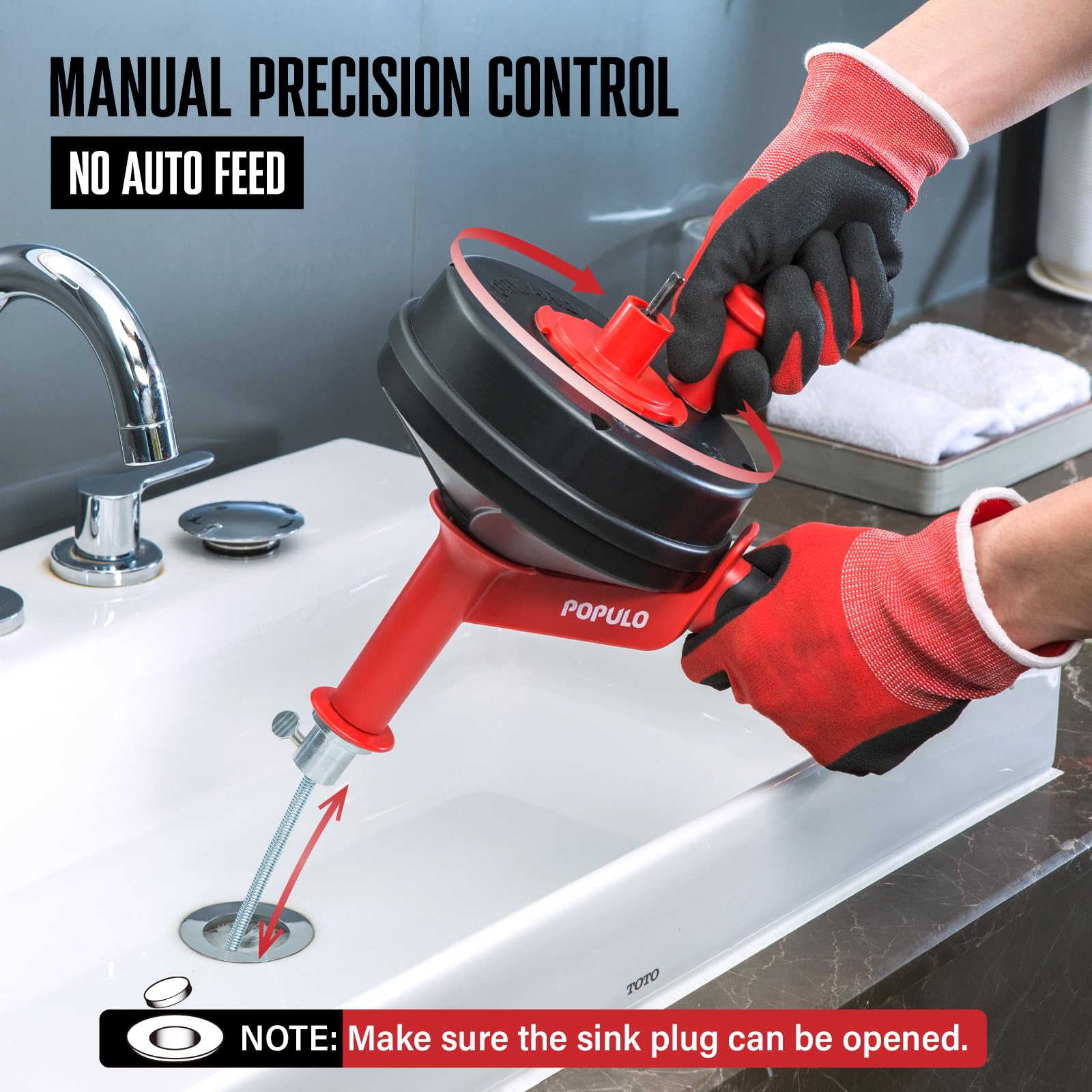 POPULO Drain Auger, 25 Ft Plumbing Snake Clog Remover with Glove