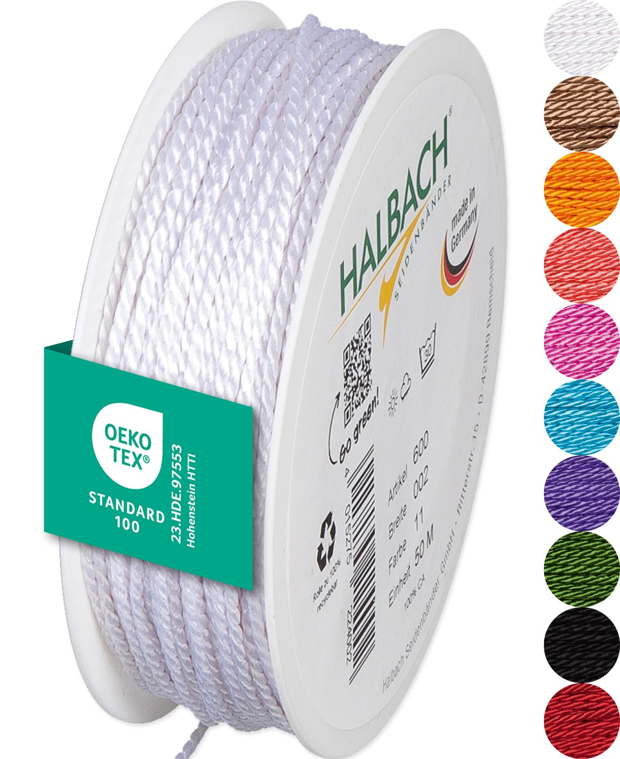 Halbach Seidenbänder Premium Kordel (weiß) | Breite 2mm Länge 50m | Made in Germany & Öko-Tex Zertifiziert | glänzende Satinkordel aus Acetat