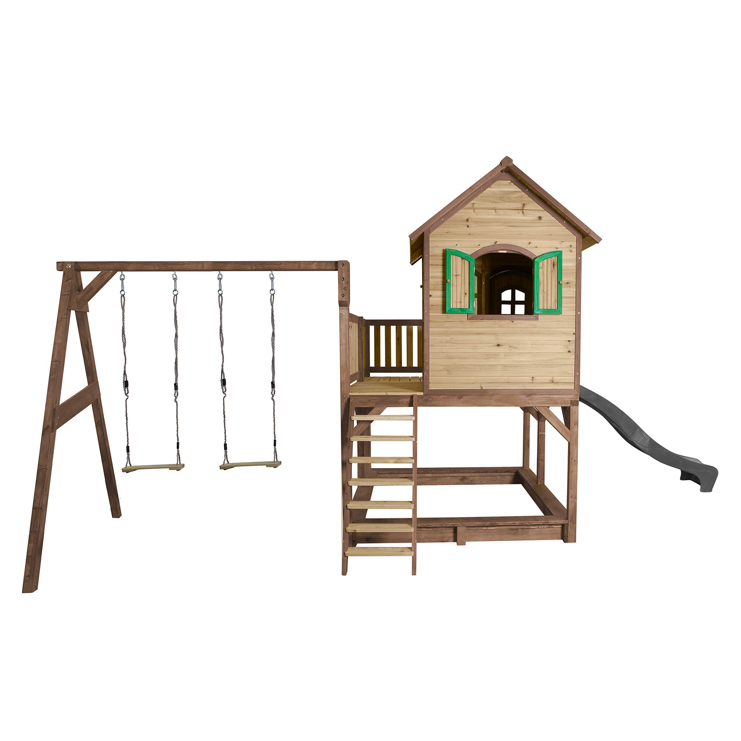 AXI Spielhaus Liam mit Sandkasten, Doppelschaukel & Grauer Rutsche | Stelzenhaus XXL in Braun & Grün aus FSC Holz für Kinder | Spielturm mit Wellenrutsche für den Garten